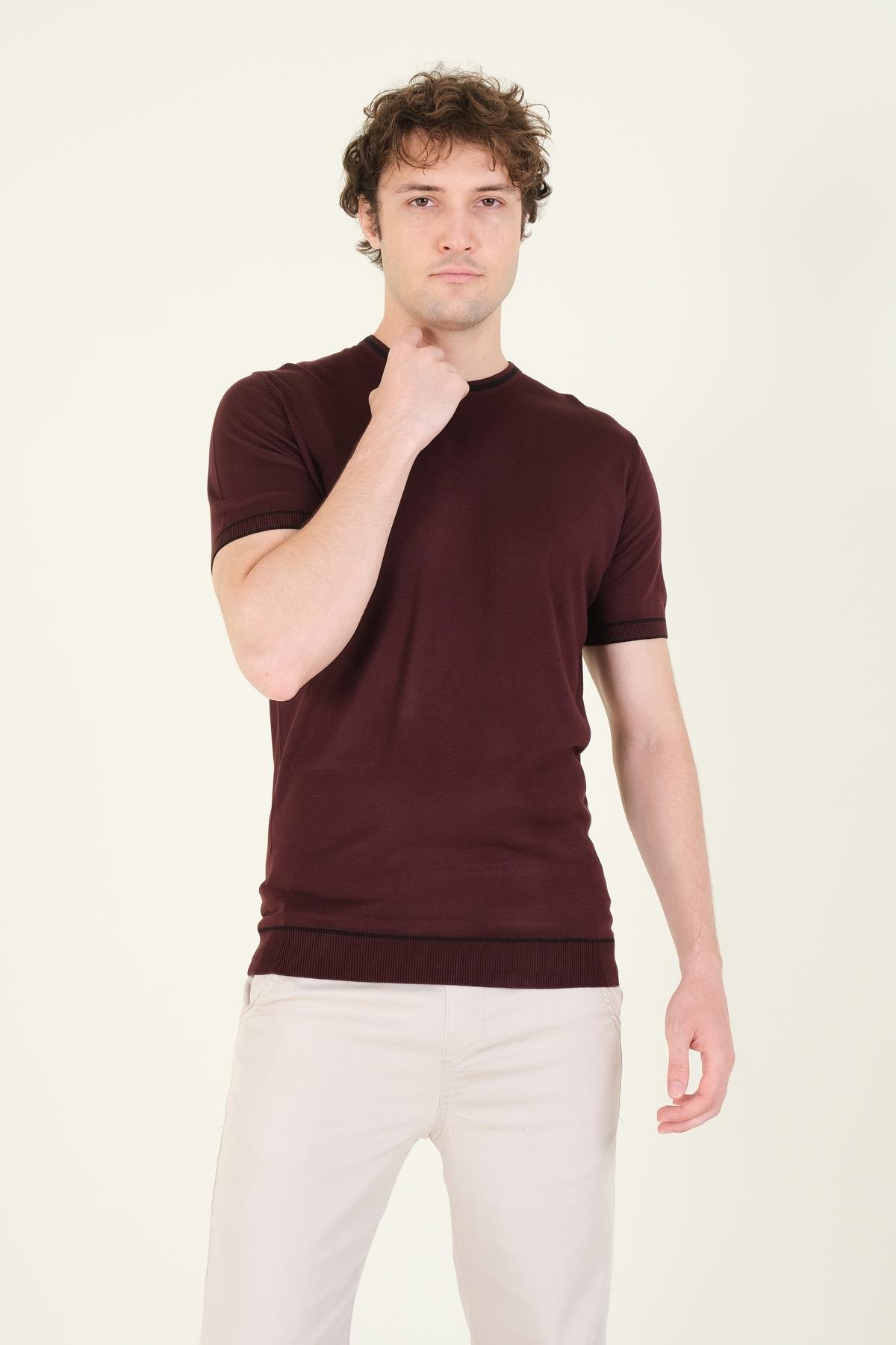 Erkek Sıfır Yaka Biyeli Merserize T-Shirt Mürdüm