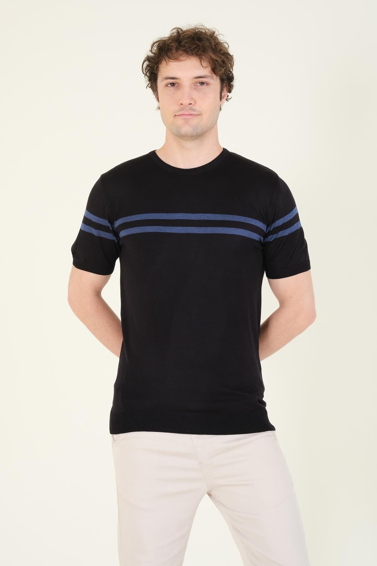 Erkek Sıfır Yaka Çizgili Merserize T-Shirt Siyah