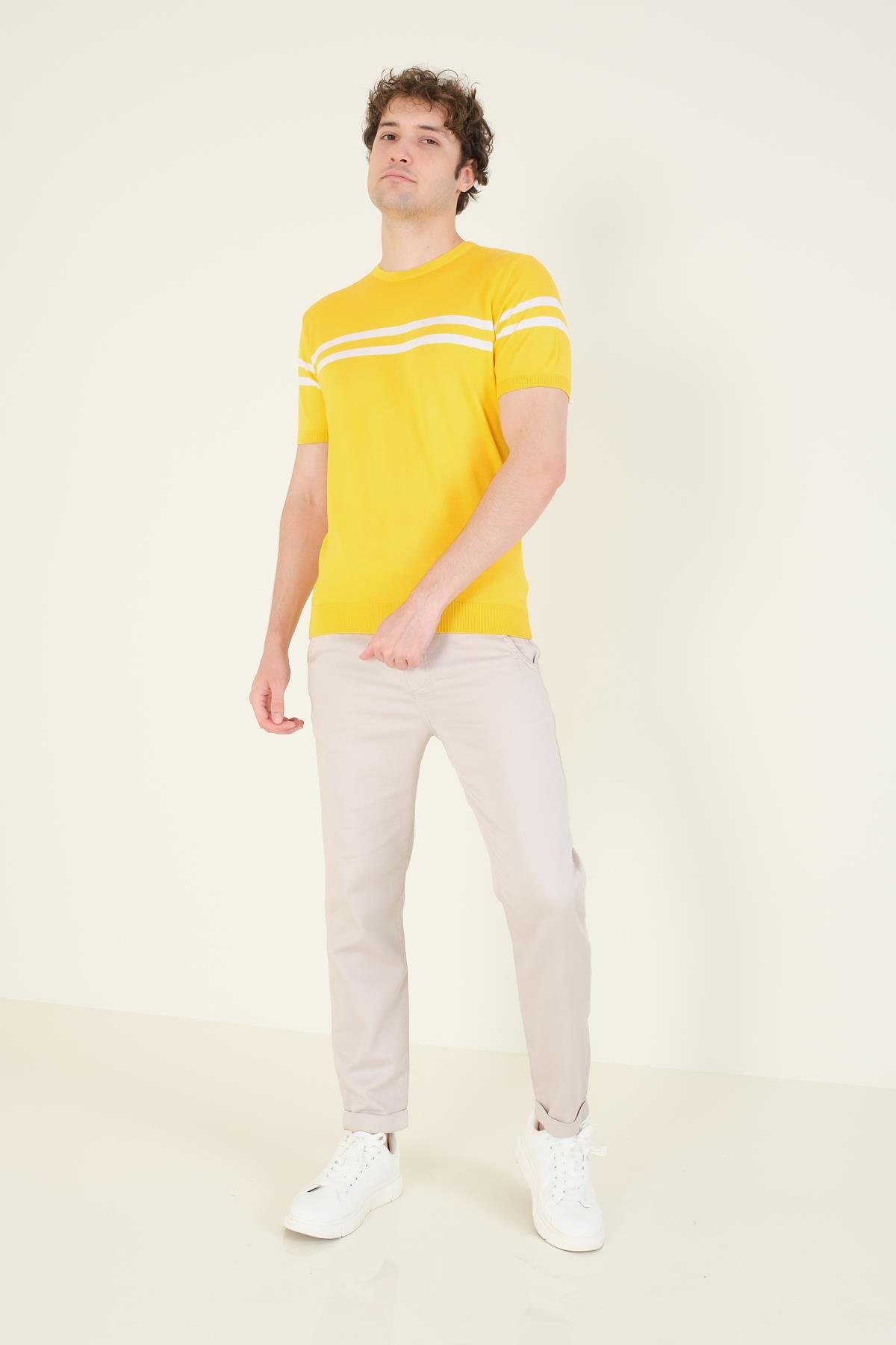 Erkek Sıfır Yaka Çizgili Merserize T-Shirt Sarı