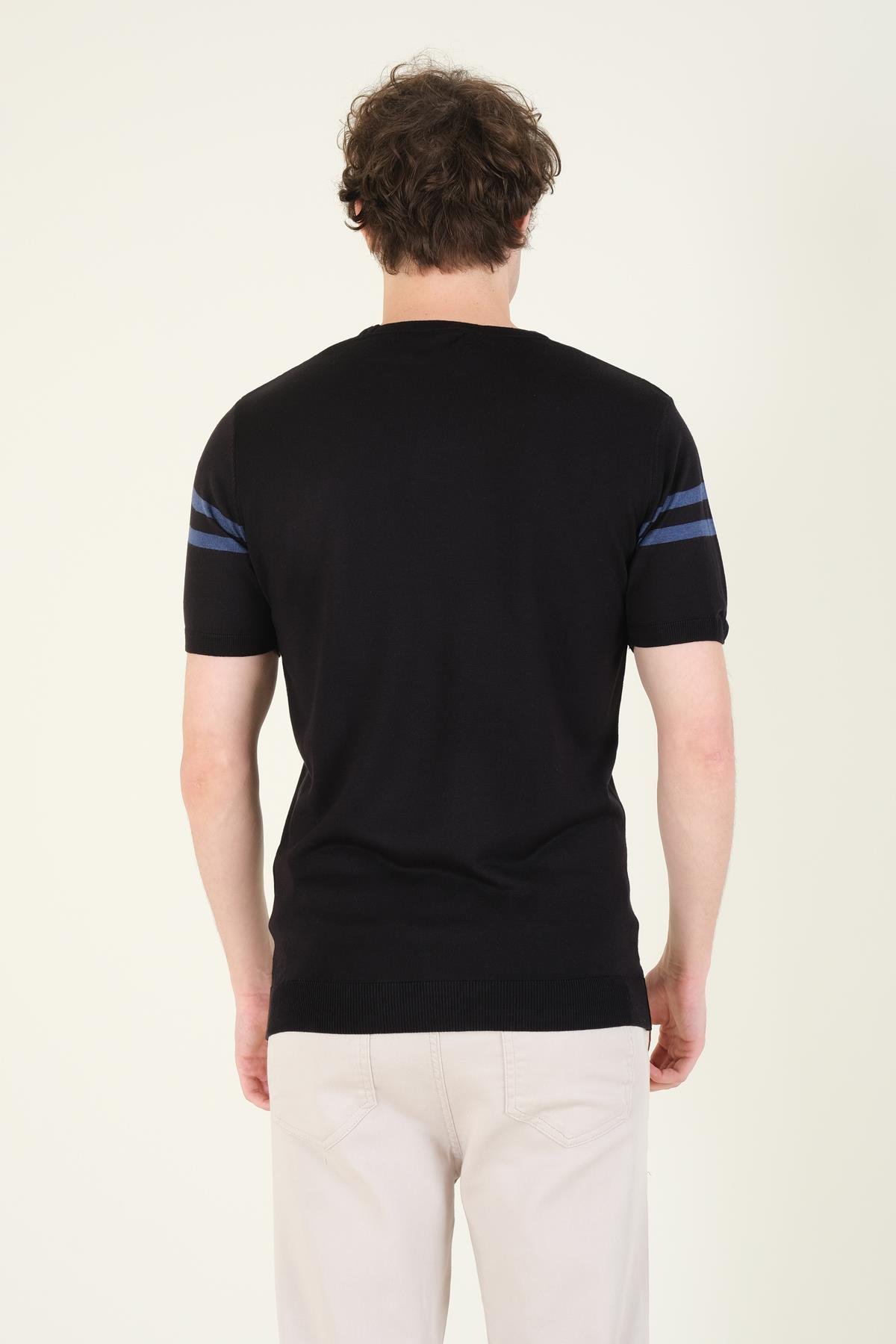 Erkek Sıfır Yaka Çizgili Merserize T-Shirt Siyah