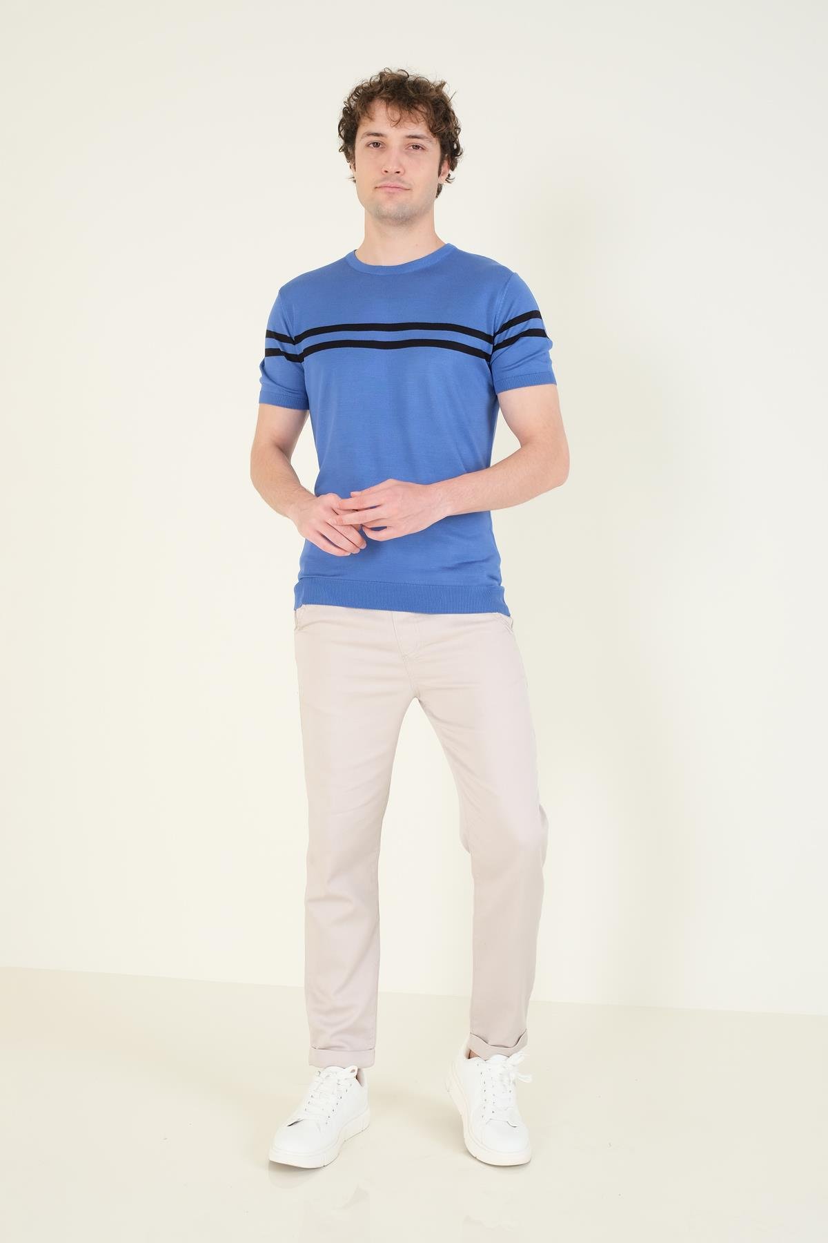 Erkek Sıfır Yaka Çizgili Merserize T-Shirt İndigo