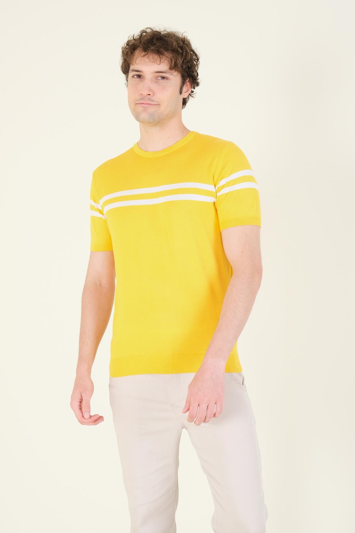 Erkek Sıfır Yaka Çizgili Merserize T-Shirt Sarı