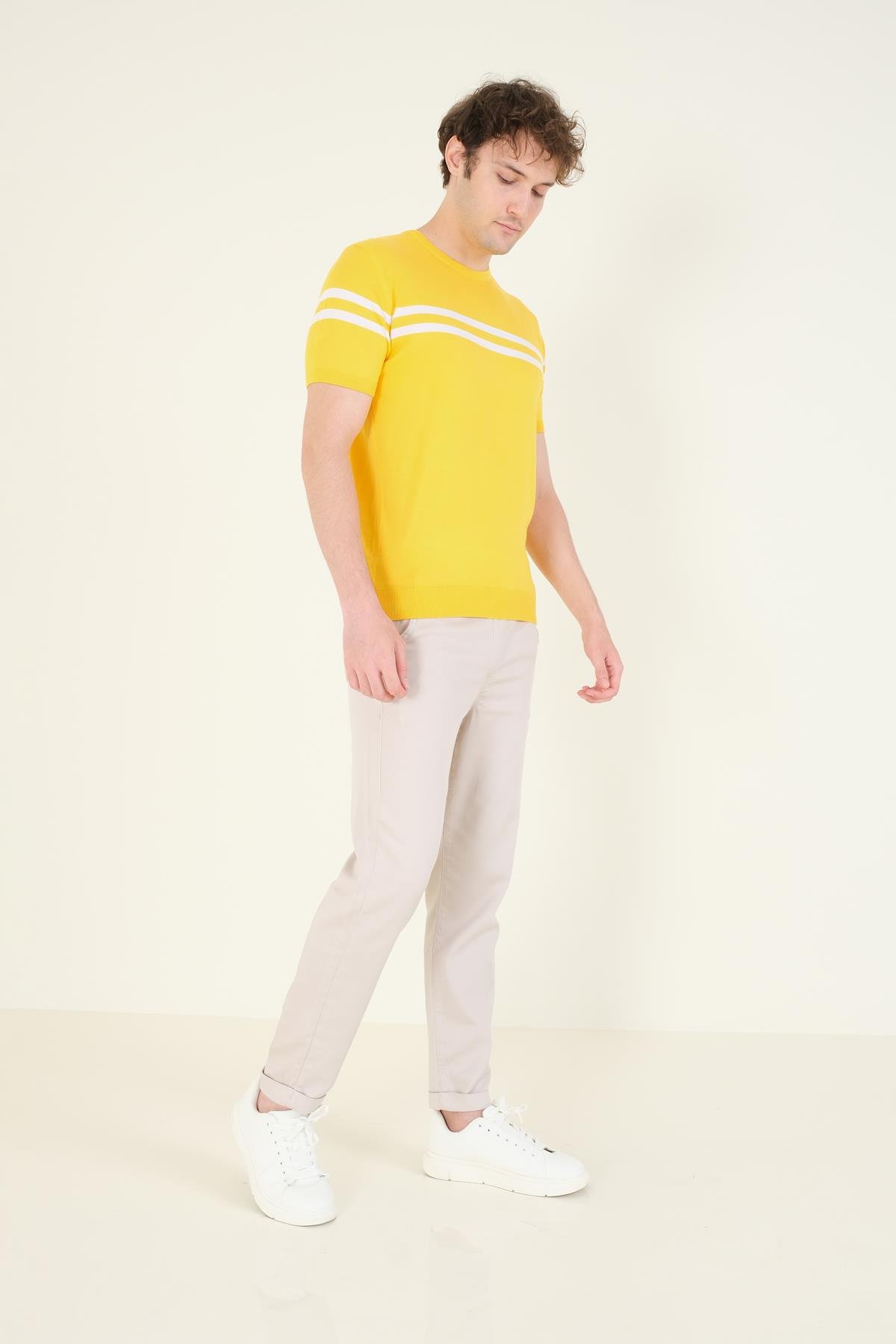 Erkek Sıfır Yaka Çizgili Merserize T-Shirt Sarı
