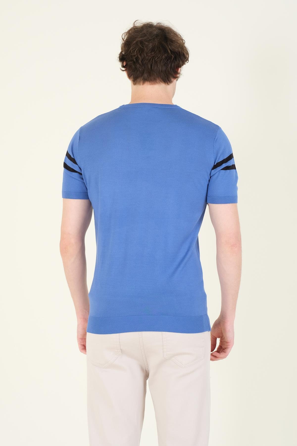 Erkek Sıfır Yaka Çizgili Merserize T-Shirt İndigo