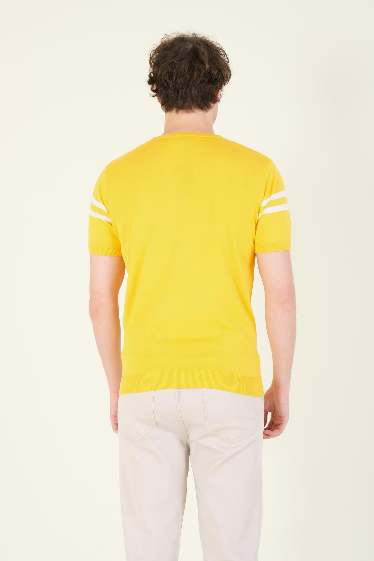 Erkek Sıfır Yaka Çizgili Merserize T-Shirt Sarı