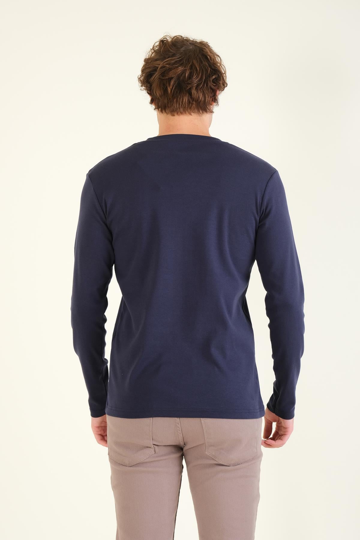 Erkek Sıfır Yaka Düğmeli Uzun Kol Sweatshirt Lacivert