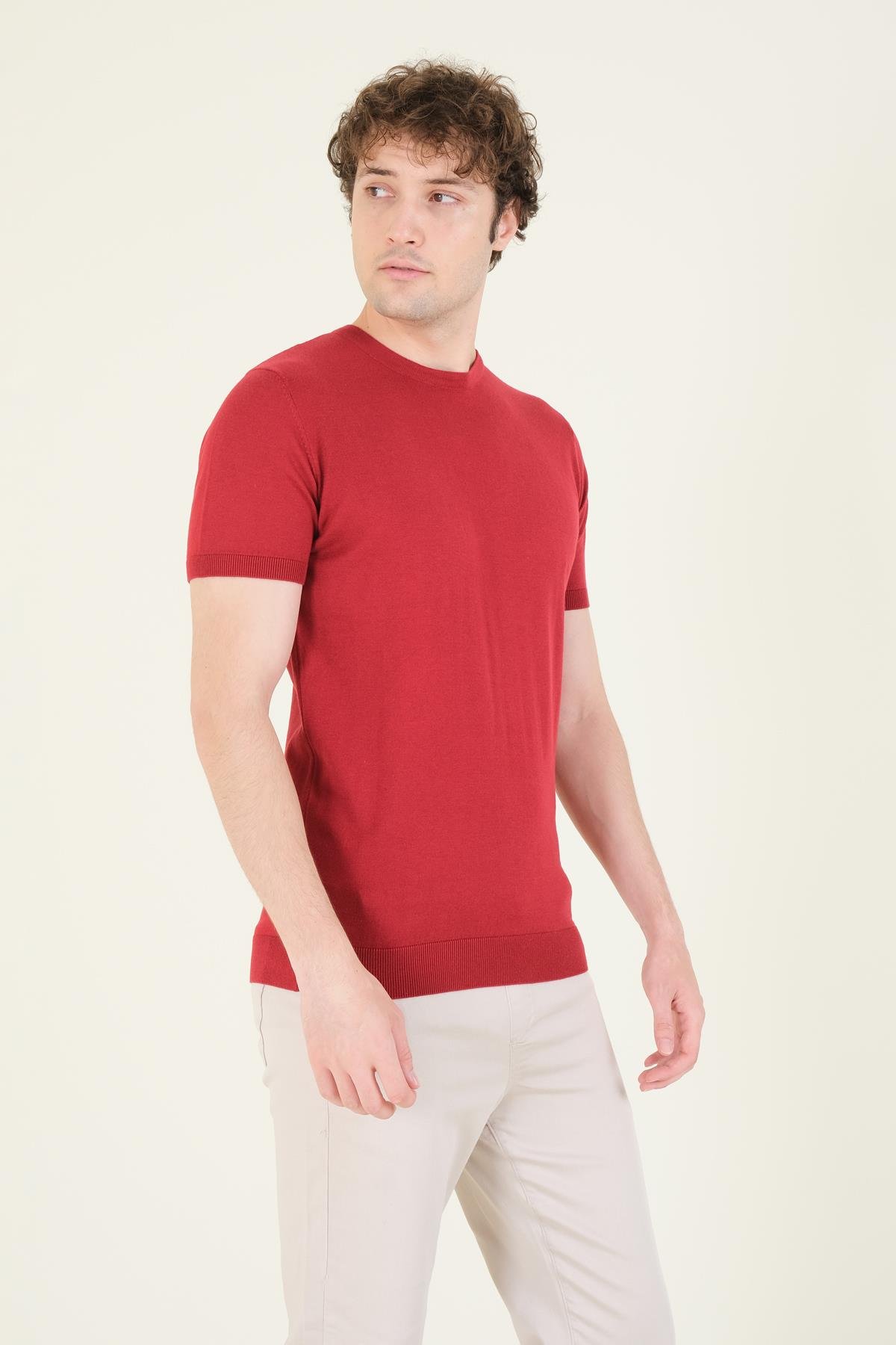 Erkek  Sıfır Yaka Merserize T-Shirt Bordo