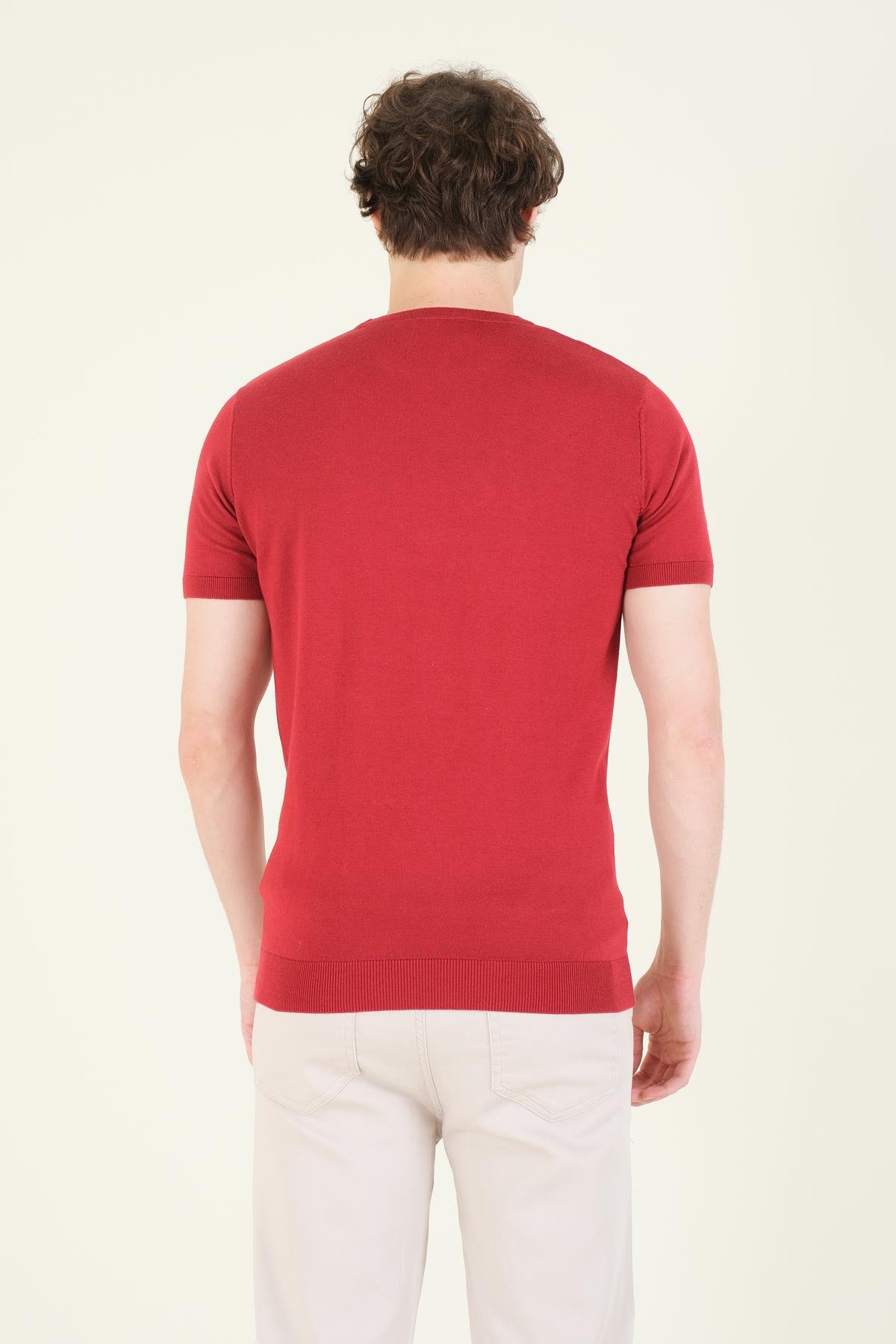 Erkek  Sıfır Yaka Merserize T-Shirt Bordo