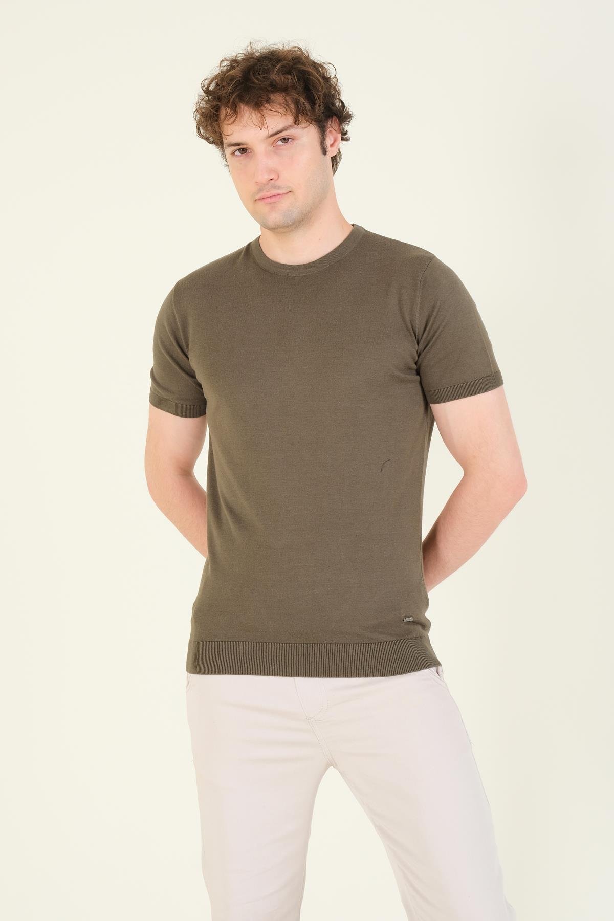 Erkek  Sıfır Yaka Merserize T-Shirt Haki