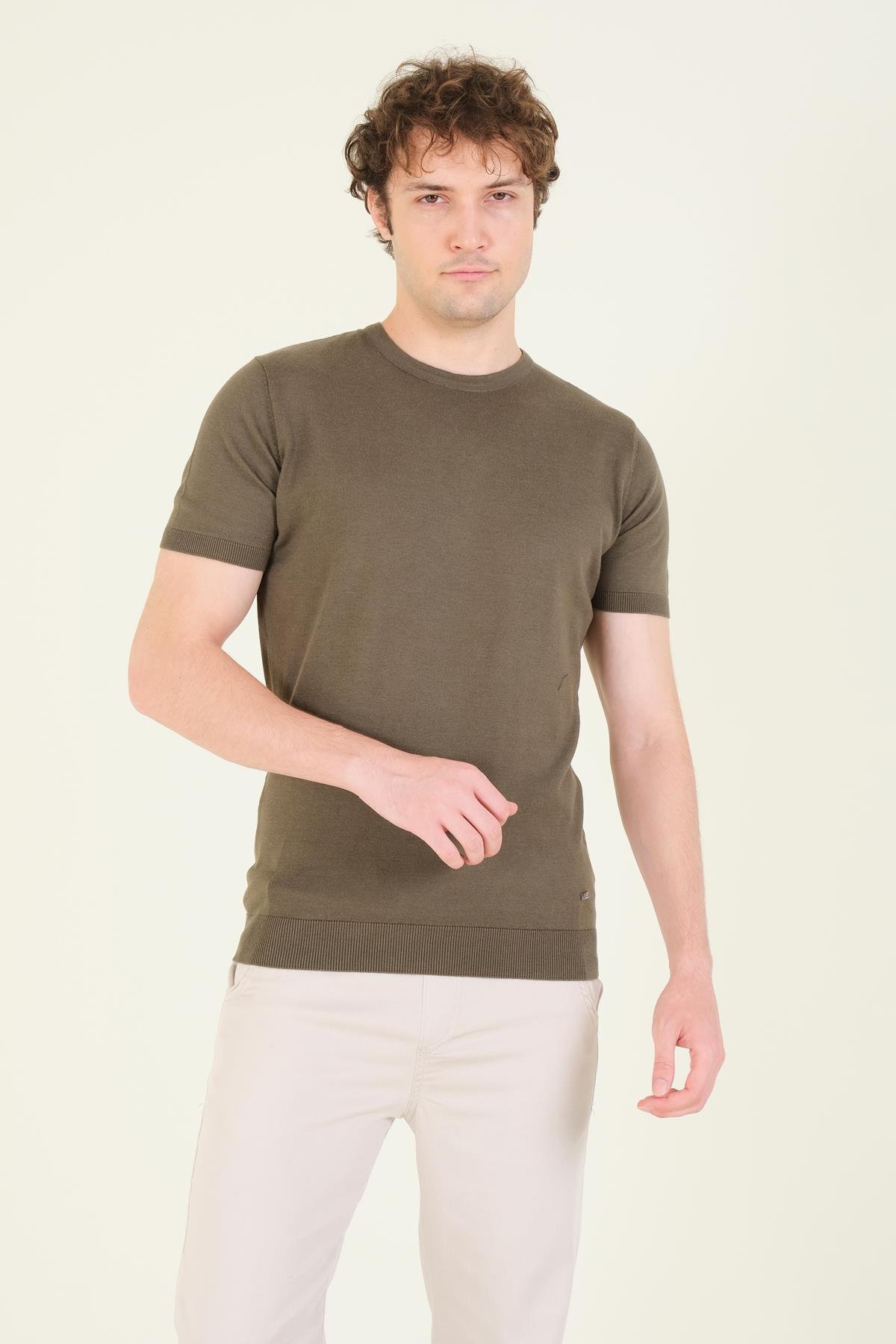 Erkek  Sıfır Yaka Merserize T-Shirt Haki