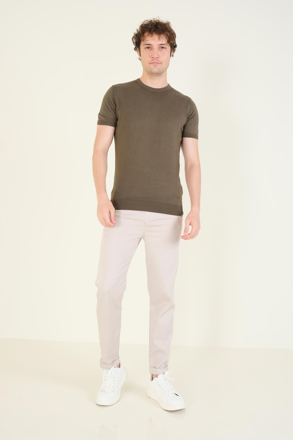 Erkek  Sıfır Yaka Merserize T-Shirt Haki