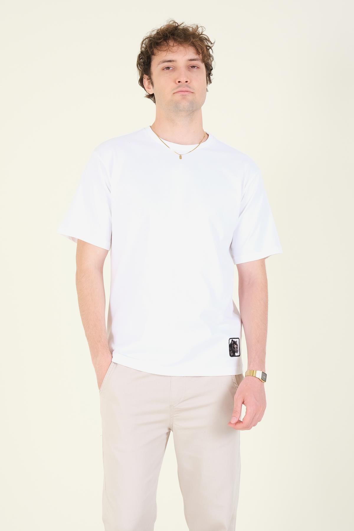 Erkek Sıfır Yaka Oversize Nakışlı T-Shirt Ekru