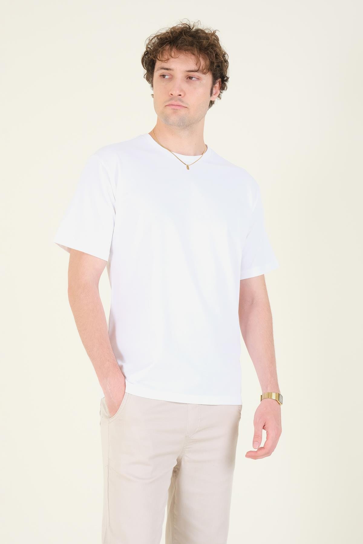 Erkek Sıfır Yaka Oversize  T-Shirt Ekru