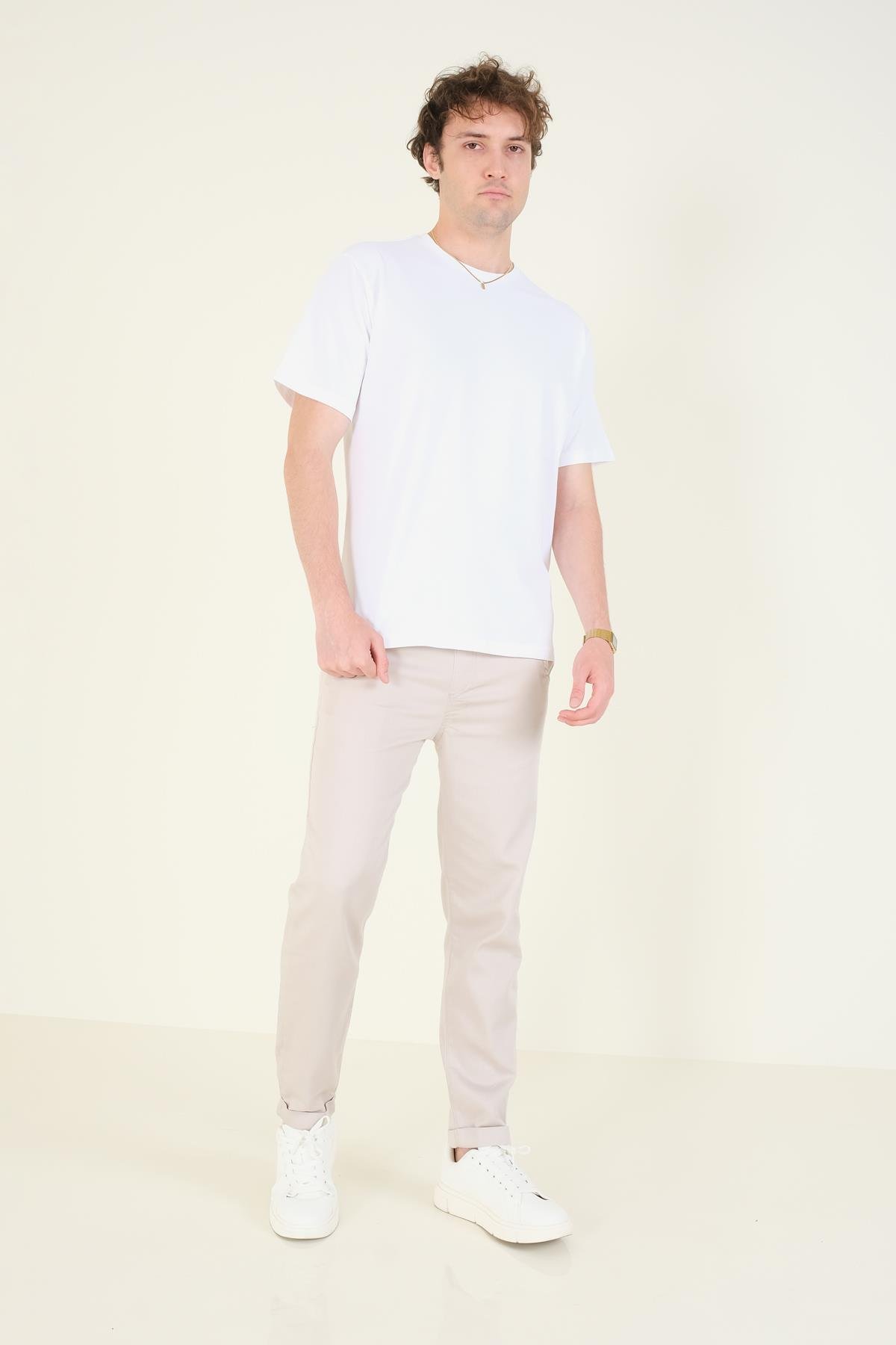 Erkek Sıfır Yaka Oversize  T-Shirt Ekru