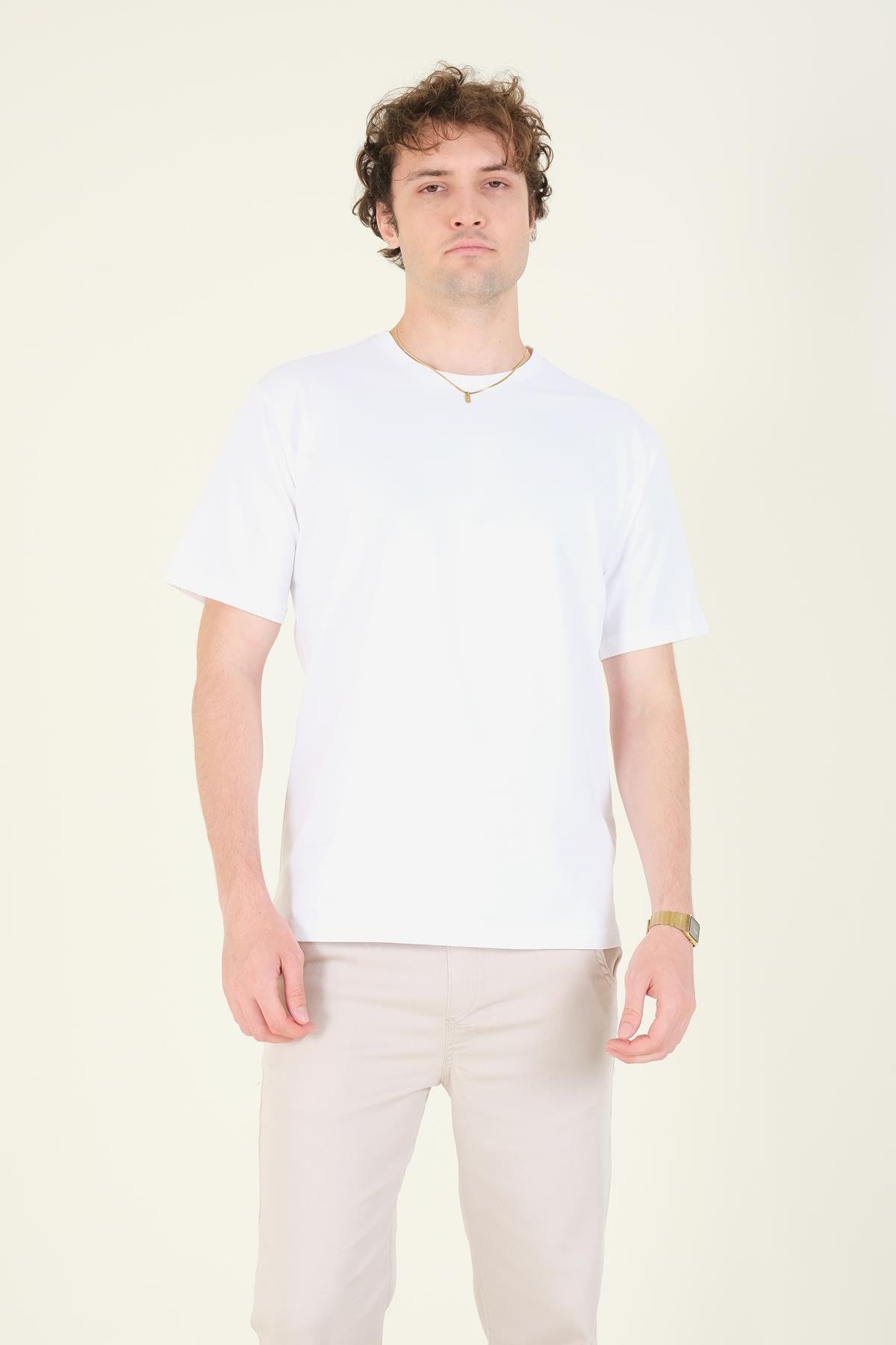 Erkek Sıfır Yaka Oversize  T-Shirt Ekru