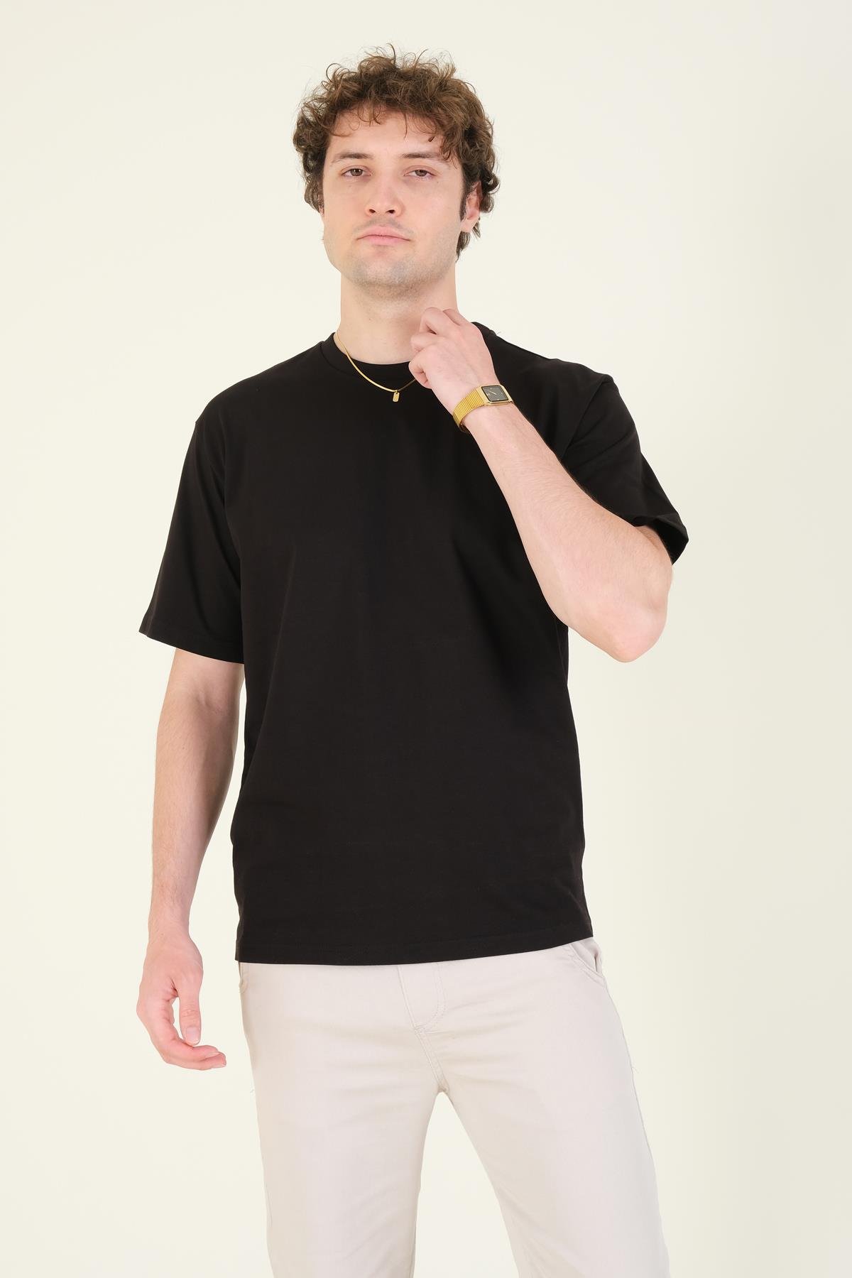 Erkek Sıfır Yaka Oversize T-Shirt Siyah