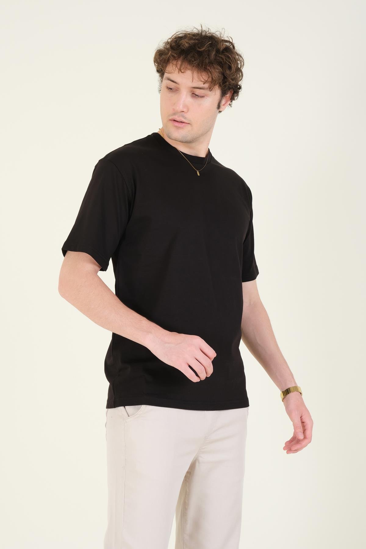 Erkek Sıfır Yaka Oversize T-Shirt Siyah
