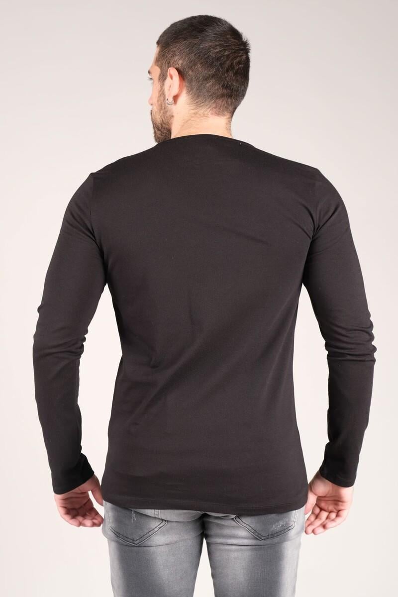 Erkek Sıfır Yaka Uzun Kol Basic T-Shirt Siyah
