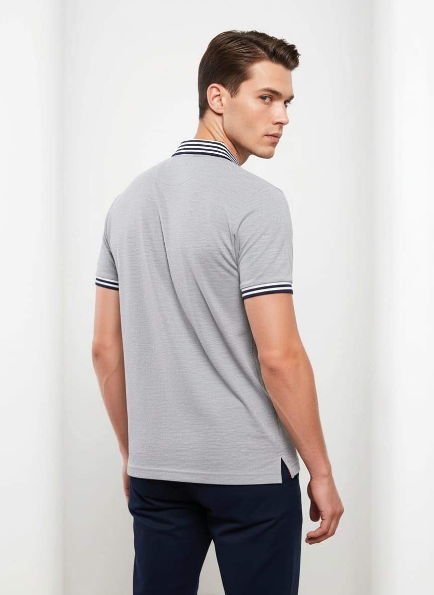 Erkek Yaka Çizgili Polo Yaka Kısa Kol Tshirt Gri