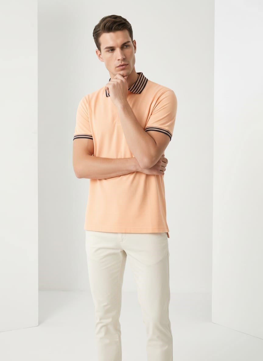 Erkek Yaka Çizgili Polo Yaka Kısa Kol Tshirt Somon