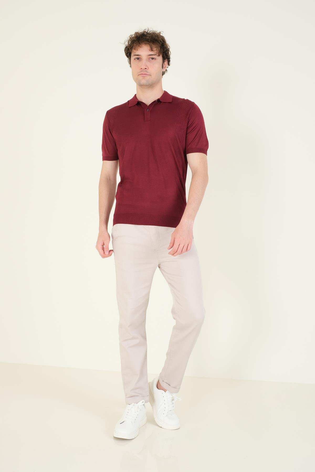 Erkek Yanları Desenli  Polo Yaka  Merserize T-Shirt Bordo