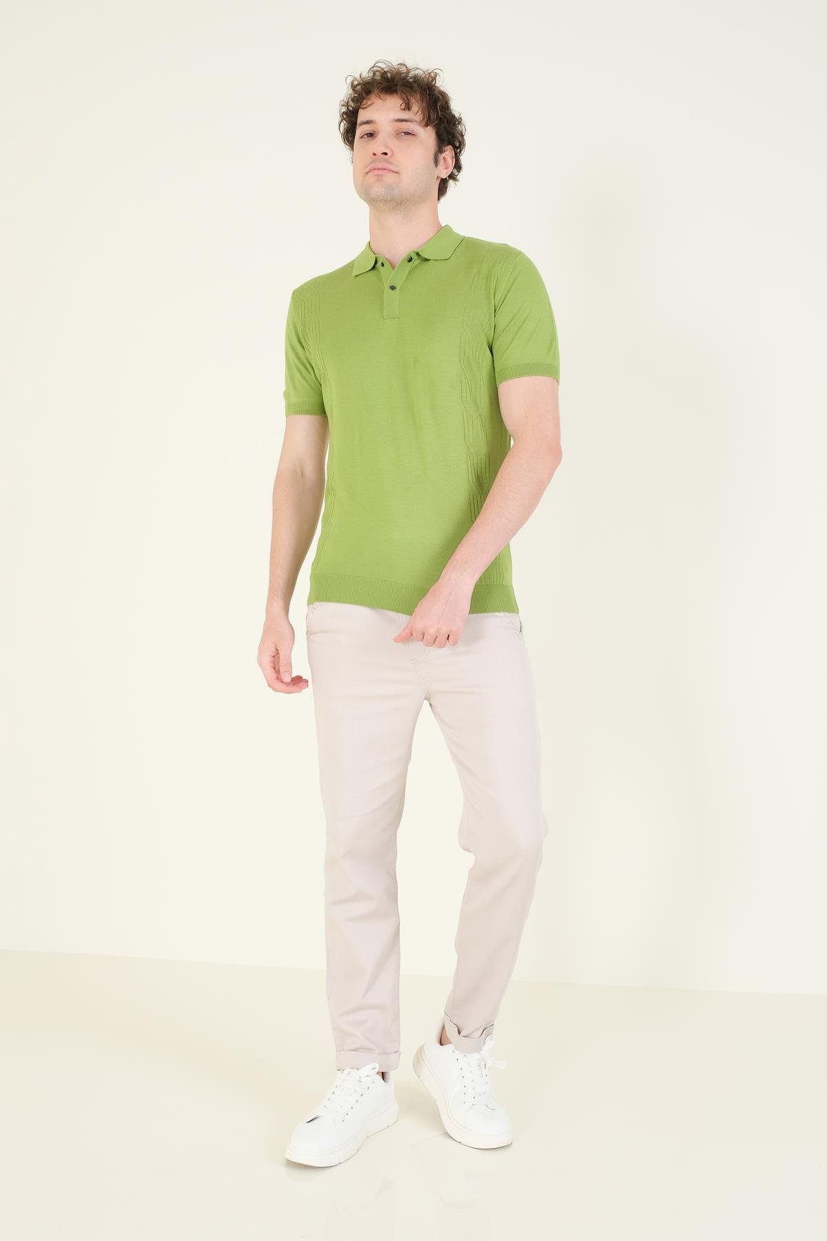 Erkek Yanları Desenli  Polo Yaka  Merserize T-Shirt Yeşil