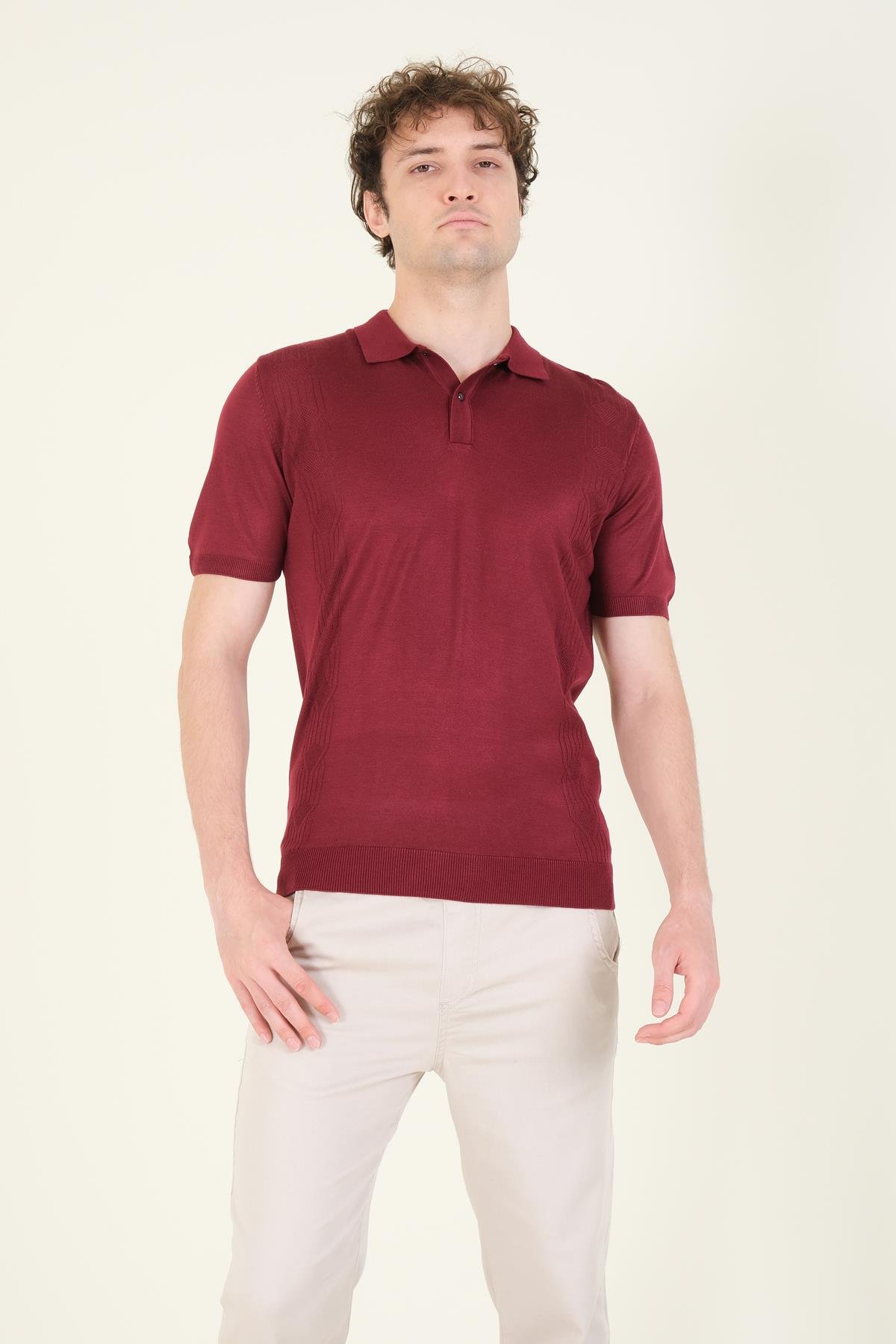 Erkek Yanları Desenli  Polo Yaka  Merserize T-Shirt Bordo