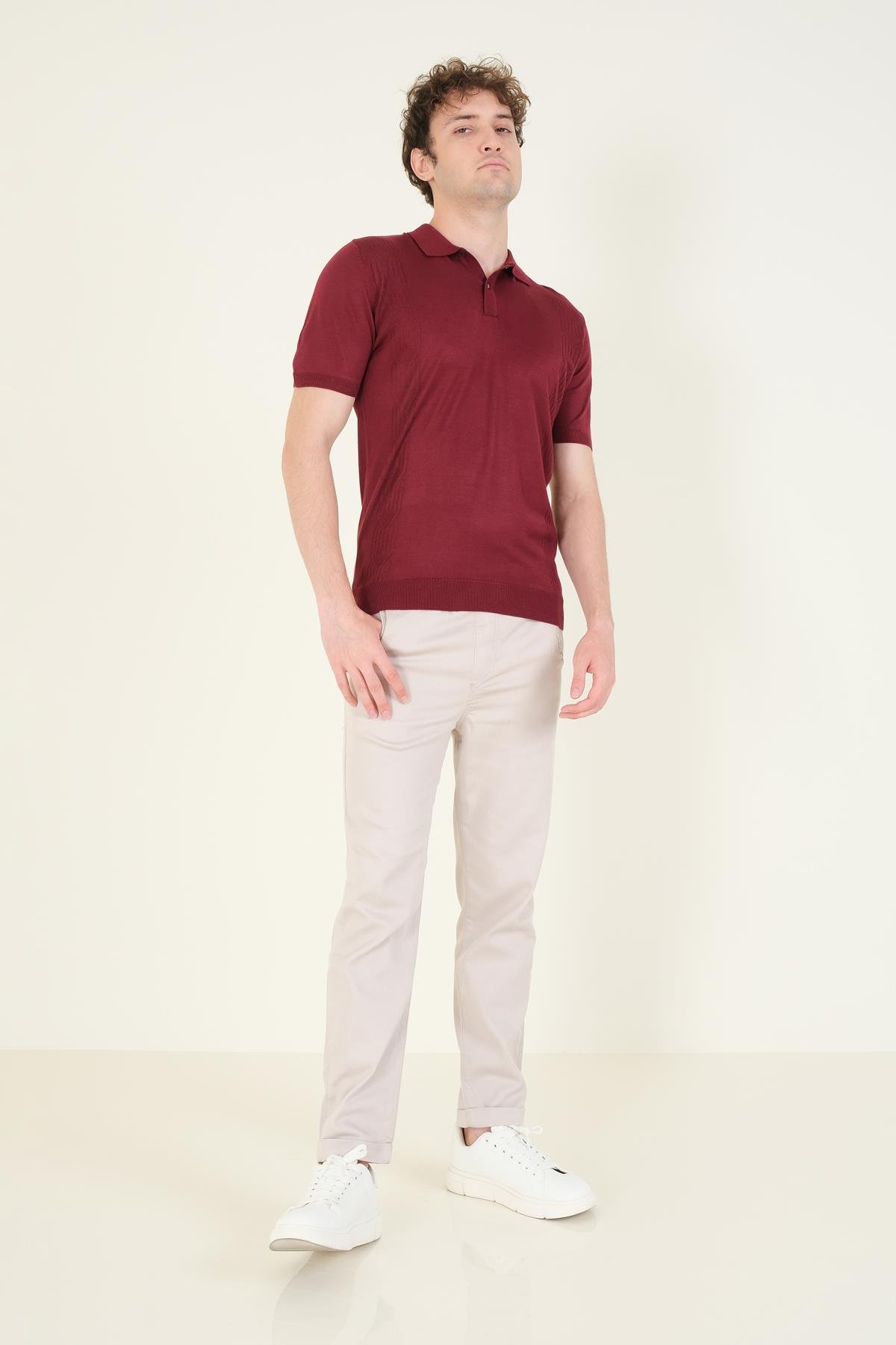 Erkek Yanları Desenli  Polo Yaka  Merserize T-Shirt Bordo