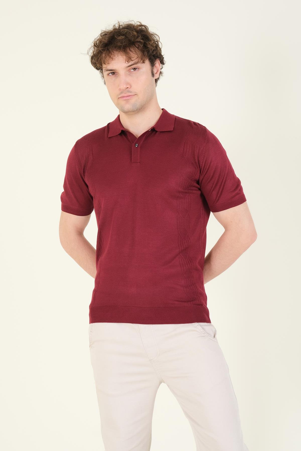 Erkek Yanları Desenli  Polo Yaka  Merserize T-Shirt Bordo