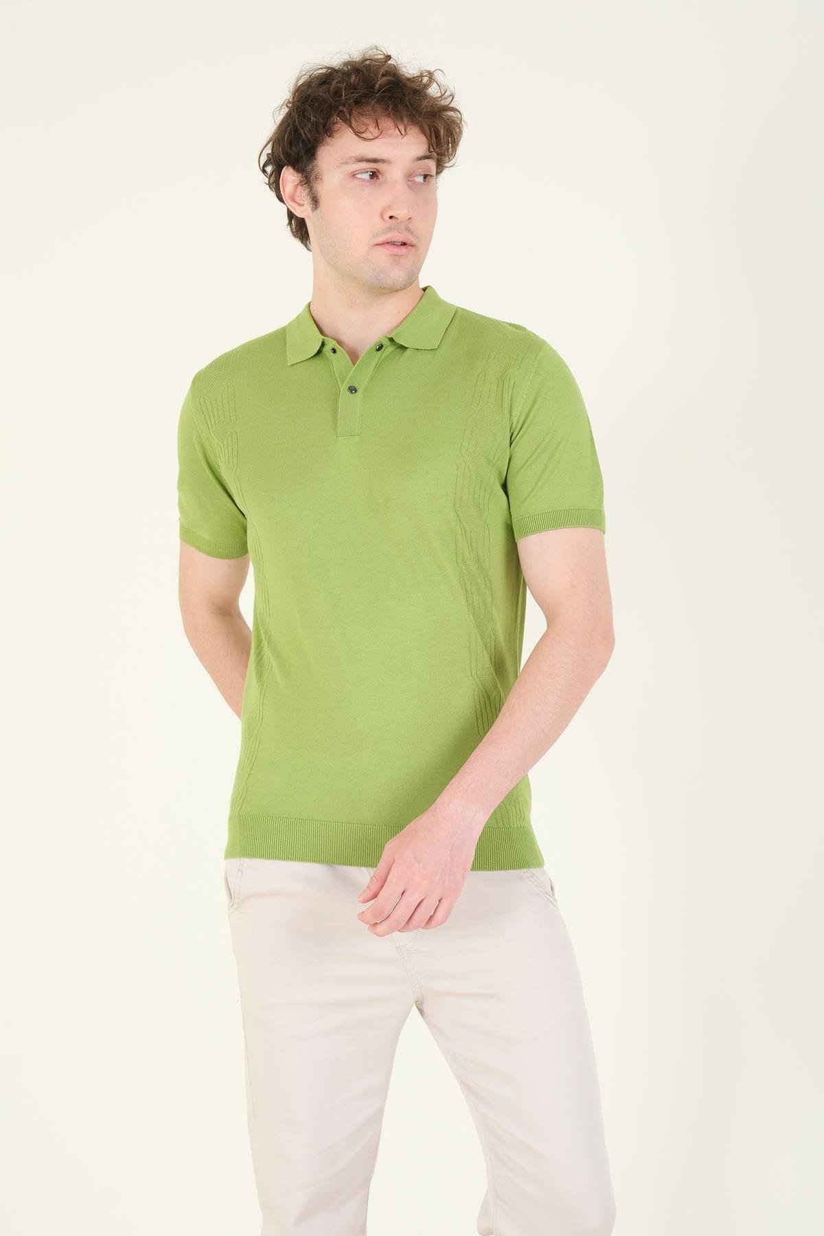 Erkek Yanları Desenli  Polo Yaka  Merserize T-Shirt Yeşil