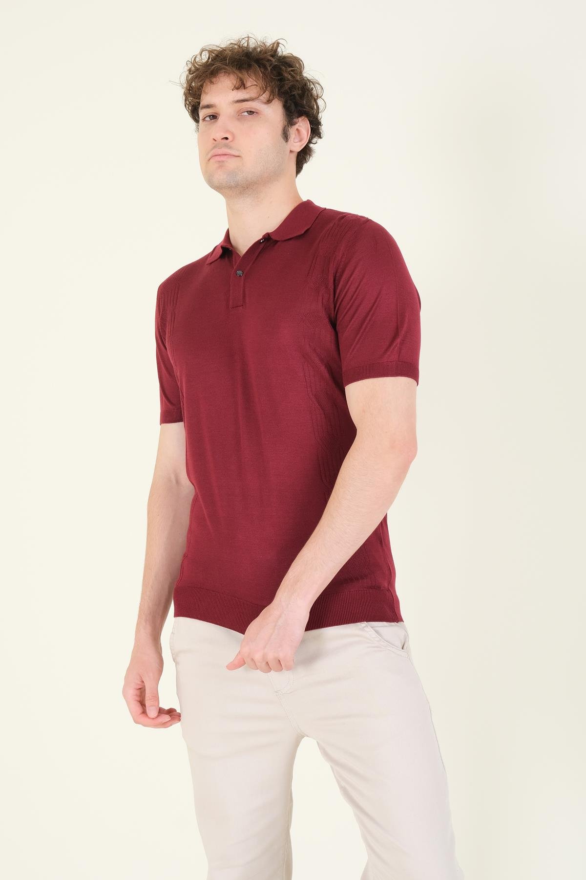 Erkek Yanları Desenli  Polo Yaka  Merserize T-Shirt Bordo