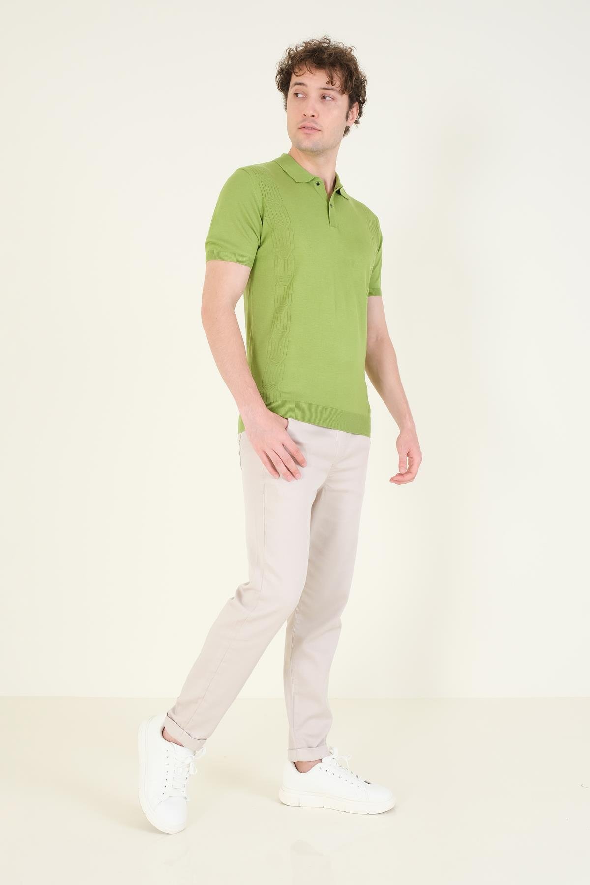 Erkek Yanları Desenli  Polo Yaka  Merserize T-Shirt Yeşil