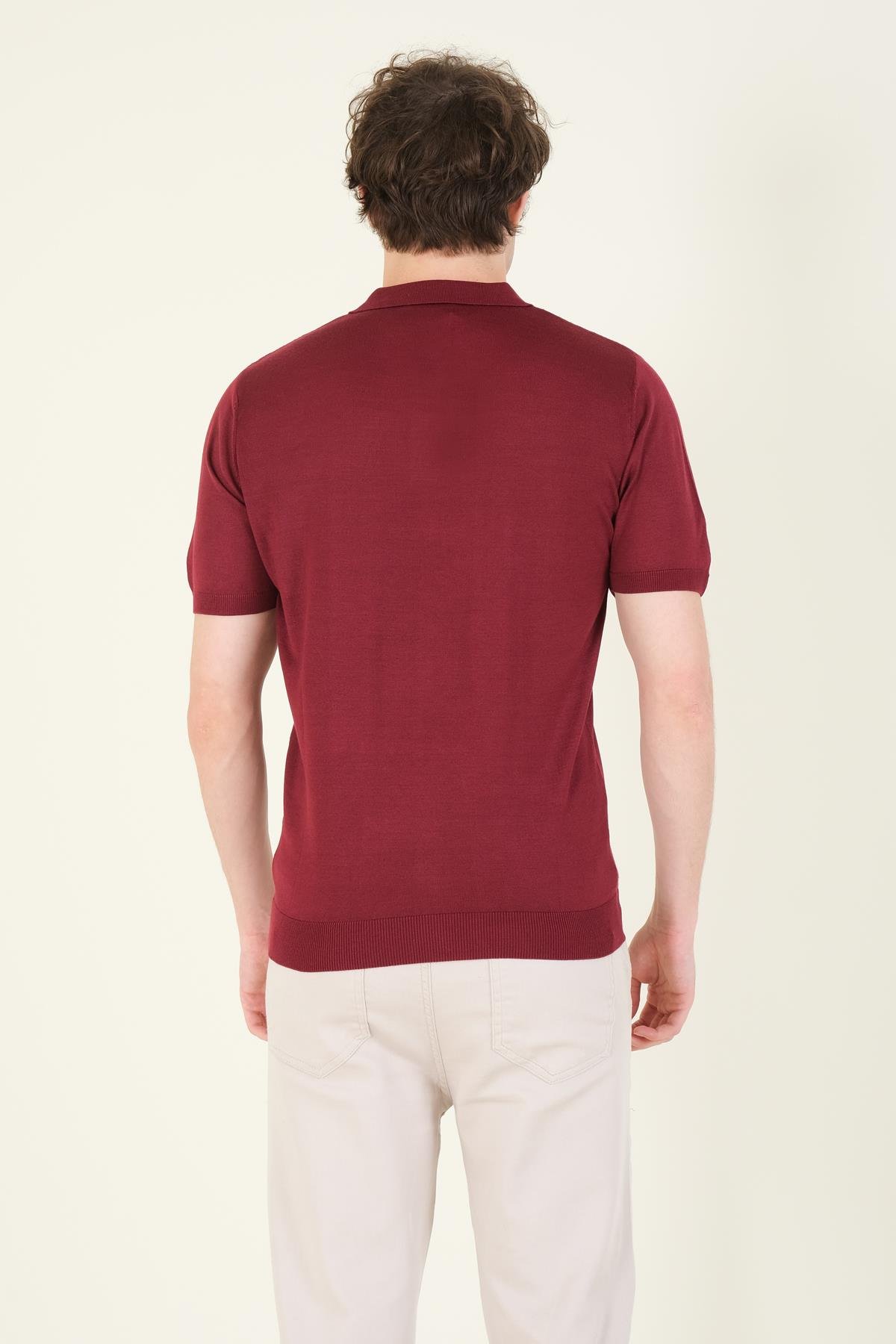 Erkek Yanları Desenli  Polo Yaka  Merserize T-Shirt Bordo