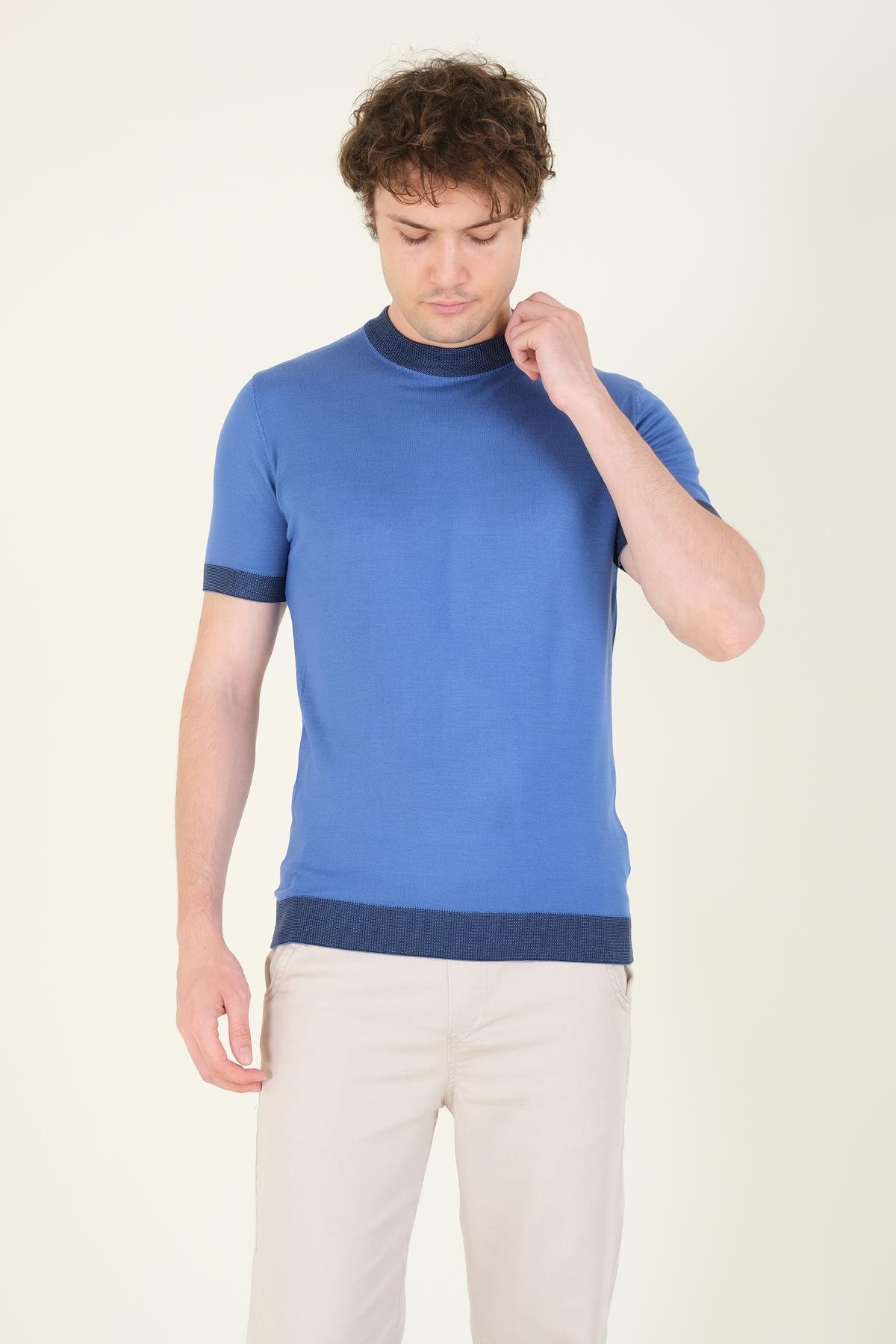 Erkek Yarım Balıkçı Merserize T-Shirt Mavi 