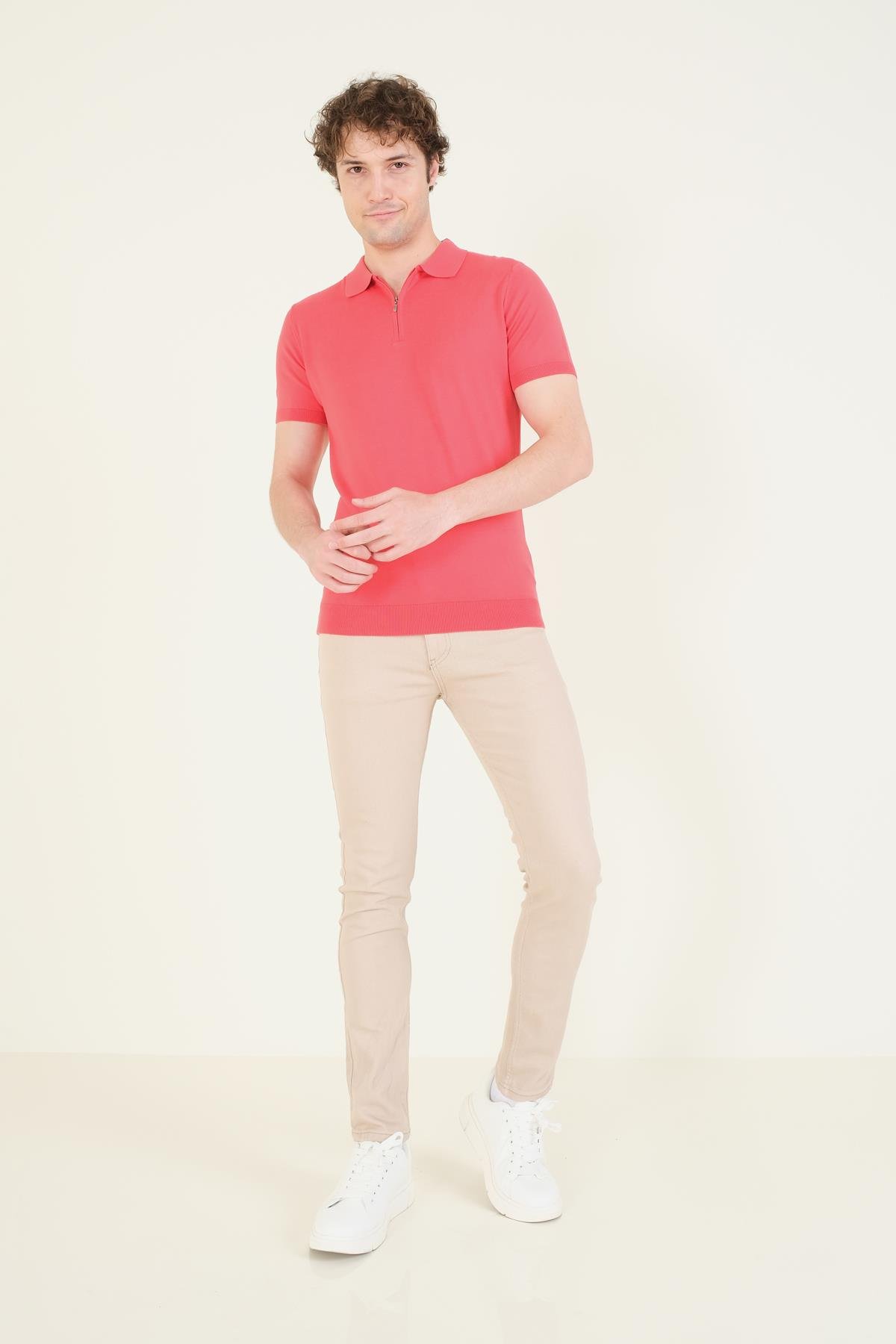 Erkek Yarım Fermuarlı Polo Yaka Merserize T-Shirt Mercan