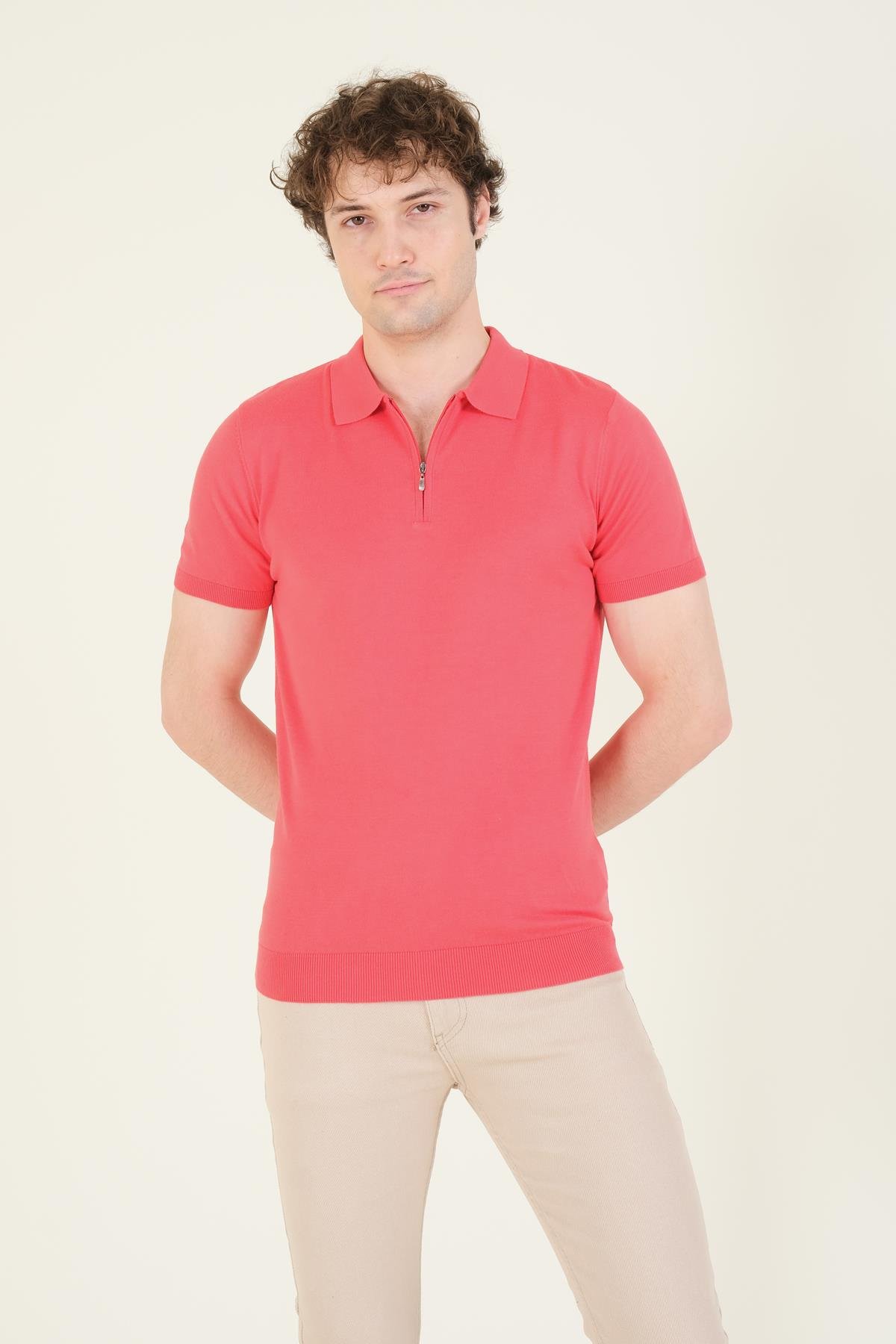 Erkek Yarım Fermuarlı Polo Yaka Merserize T-Shirt Mercan