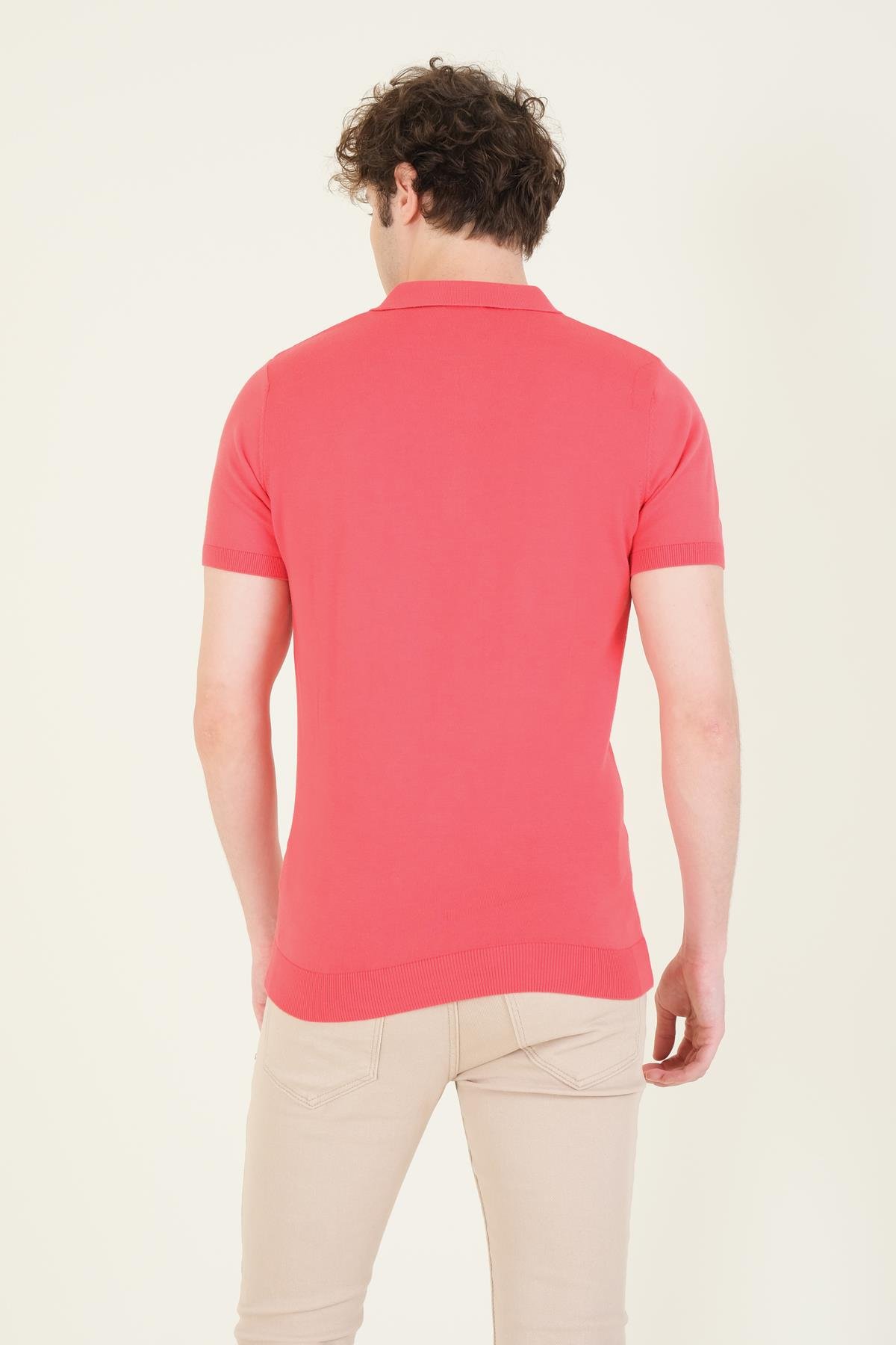 Erkek Yarım Fermuarlı Polo Yaka Merserize T-Shirt Mercan