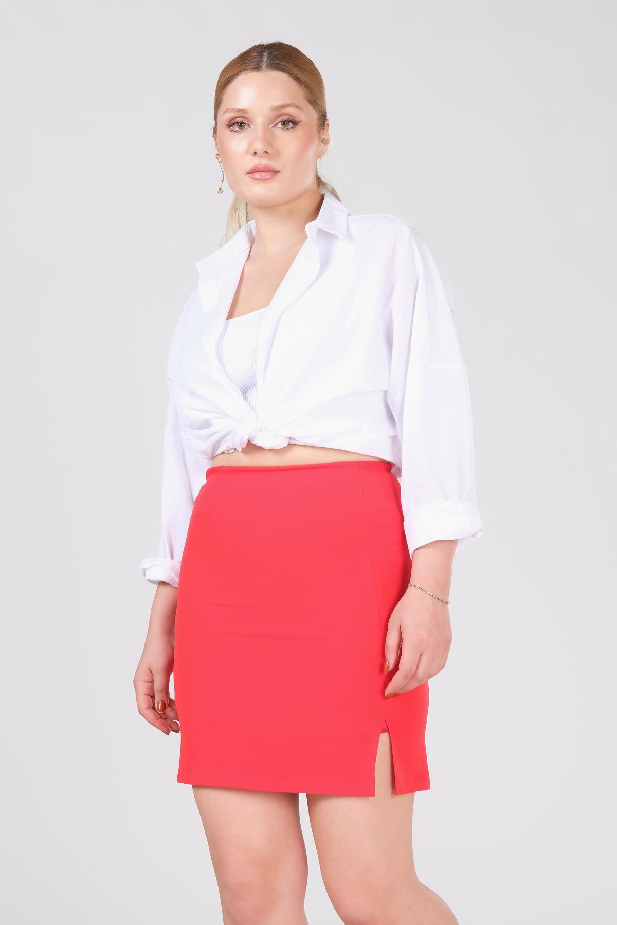 Kadın Astarlı Yan Yırtmaçlı Etek Kırmızı