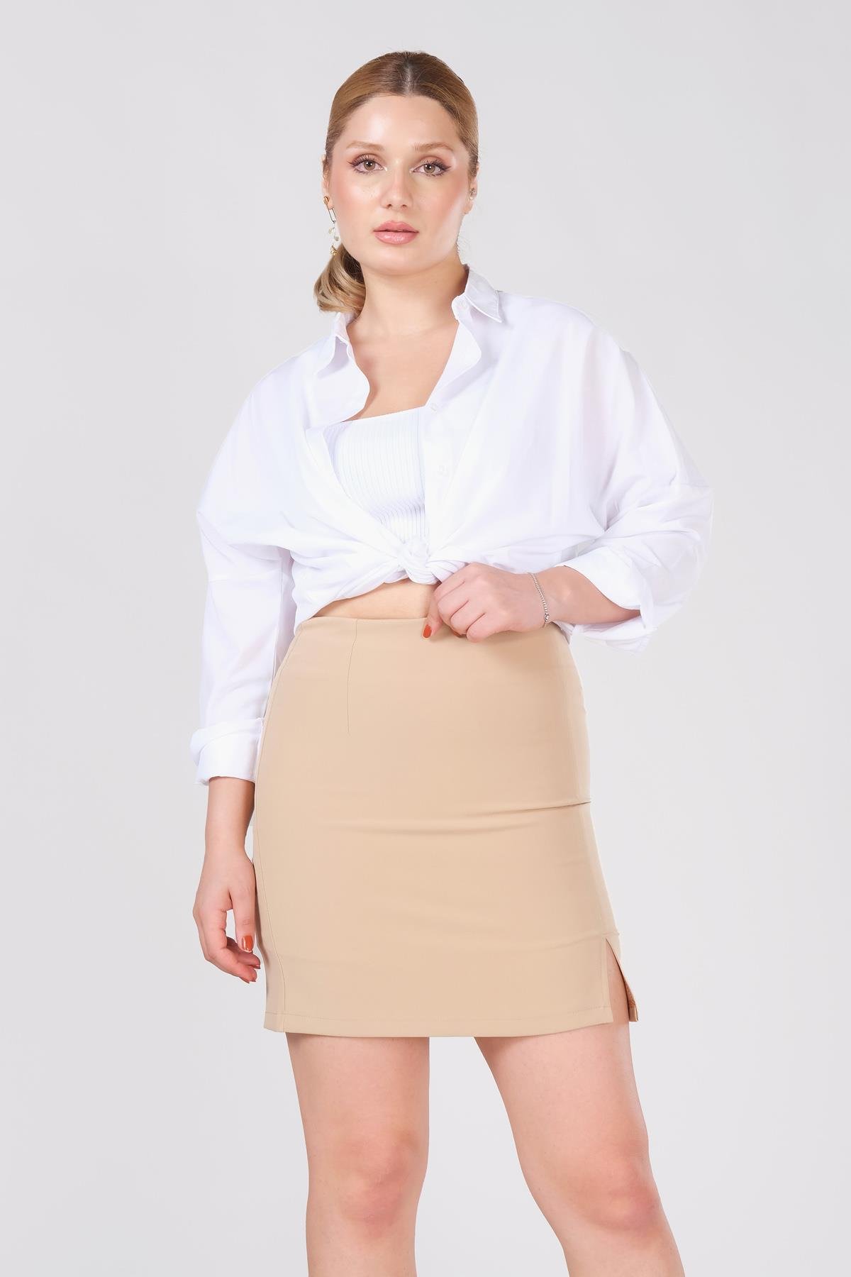 Kadın Astarlı Yan Yırtmaçlı Etek Taş