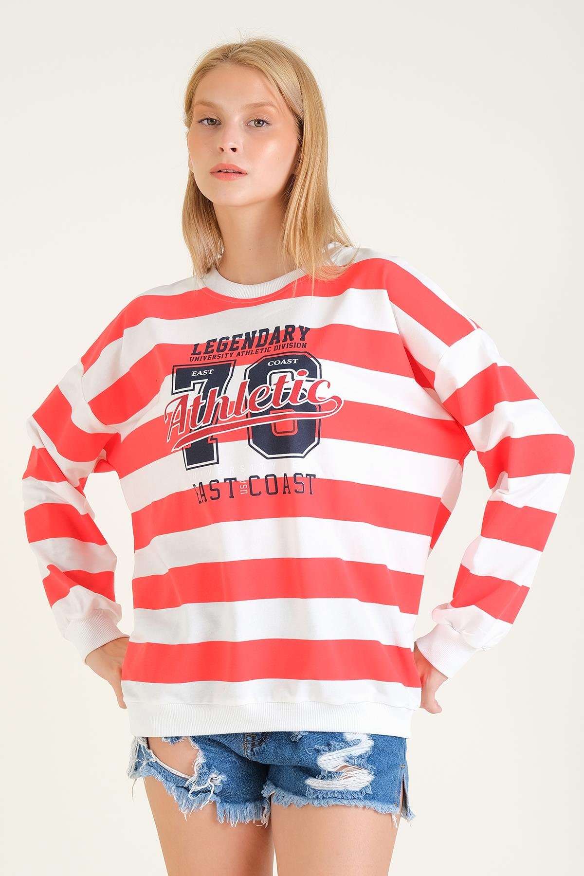 Kadın Baskılı Çizgili Oversize Sweatshirt Kırmızı