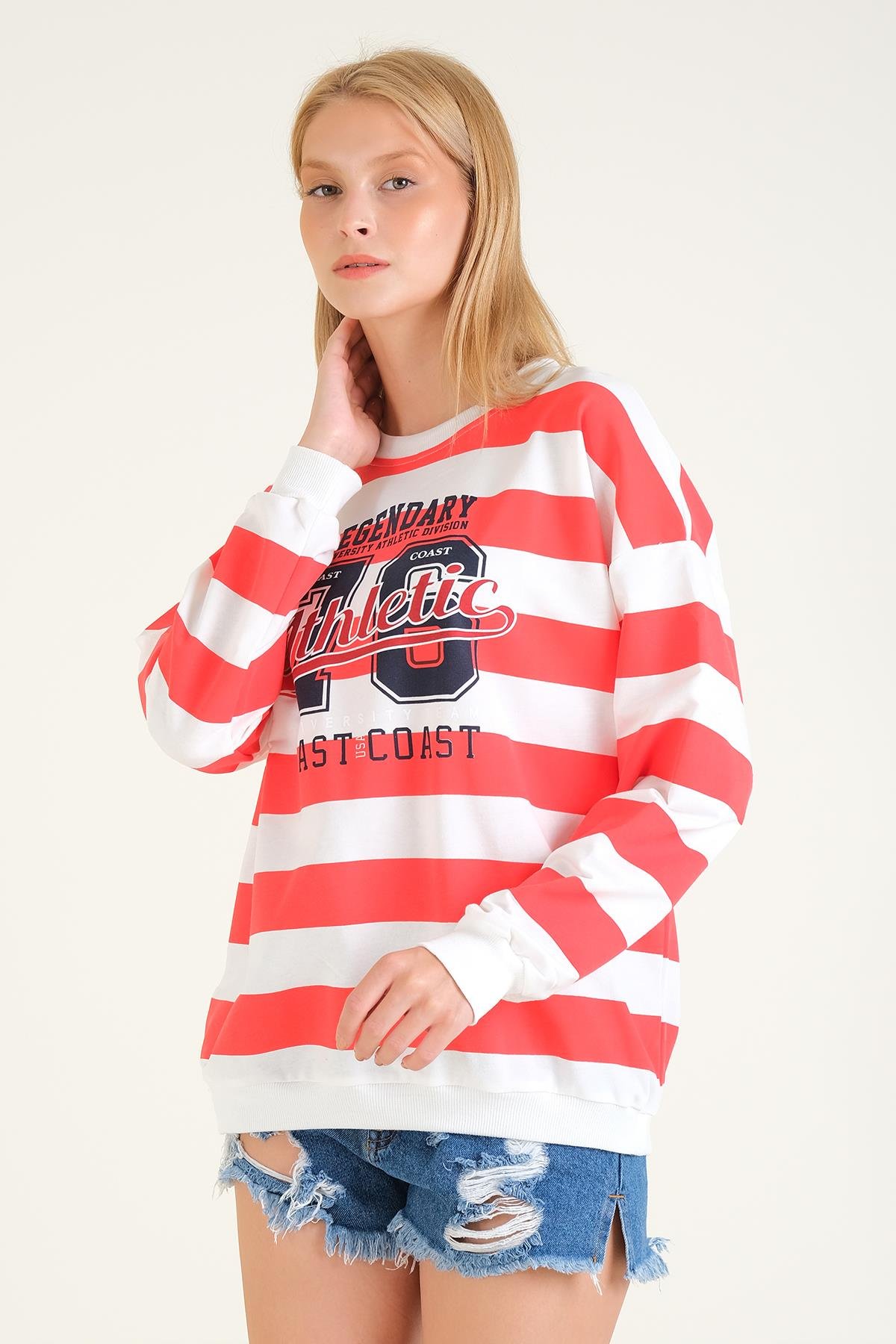 Kadın Baskılı Çizgili Oversize Sweatshirt Kırmızı