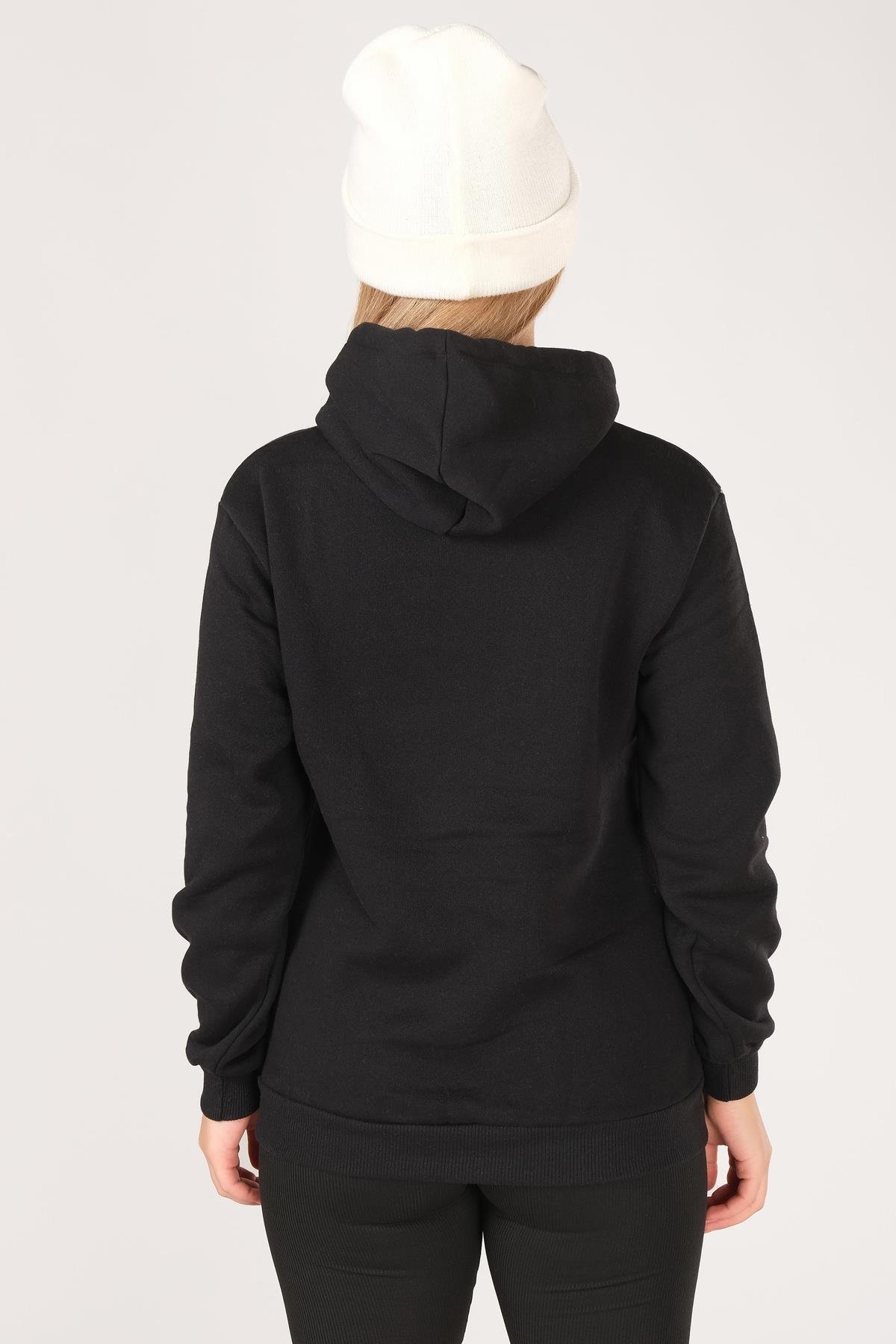 Kadın California Baskılı Kanguru Cep Kapuşonlu Sweatshirt Siyah