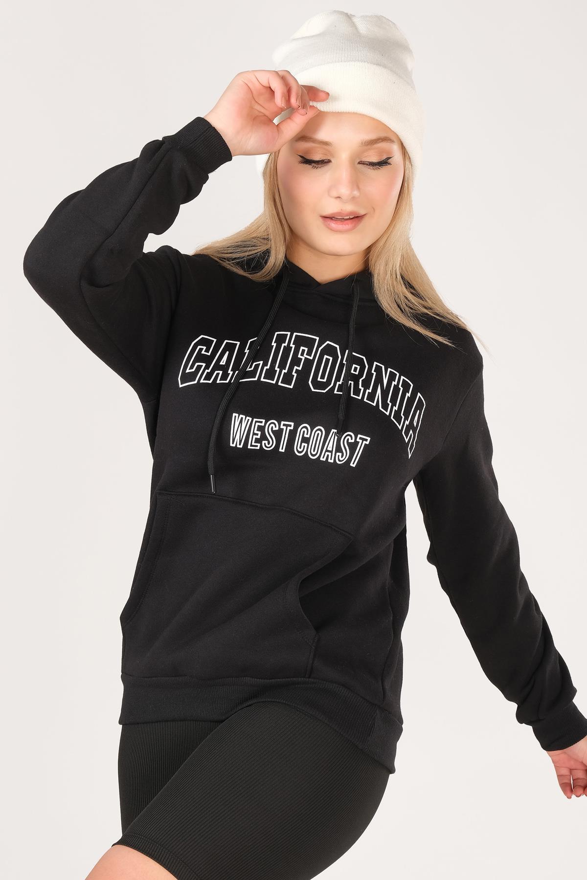 Kadın California Baskılı Kanguru Cep Kapuşonlu Sweatshirt Siyah