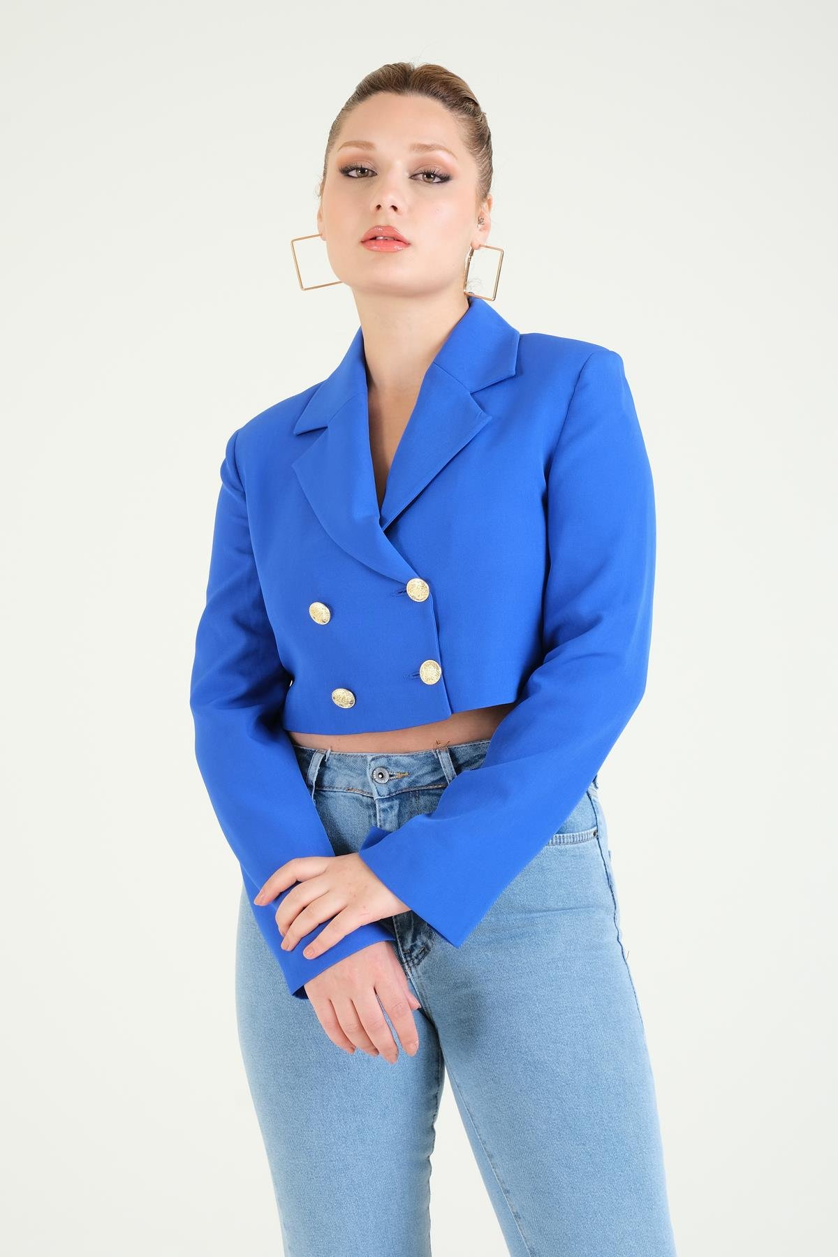 Kadın Crop Düğmeli Ceket Saks Mavi