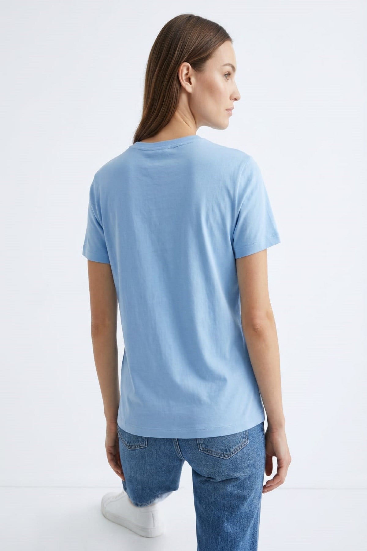 Kadın Fiyonk Detaylı Bisiklet Yaka Tshirt Mavi