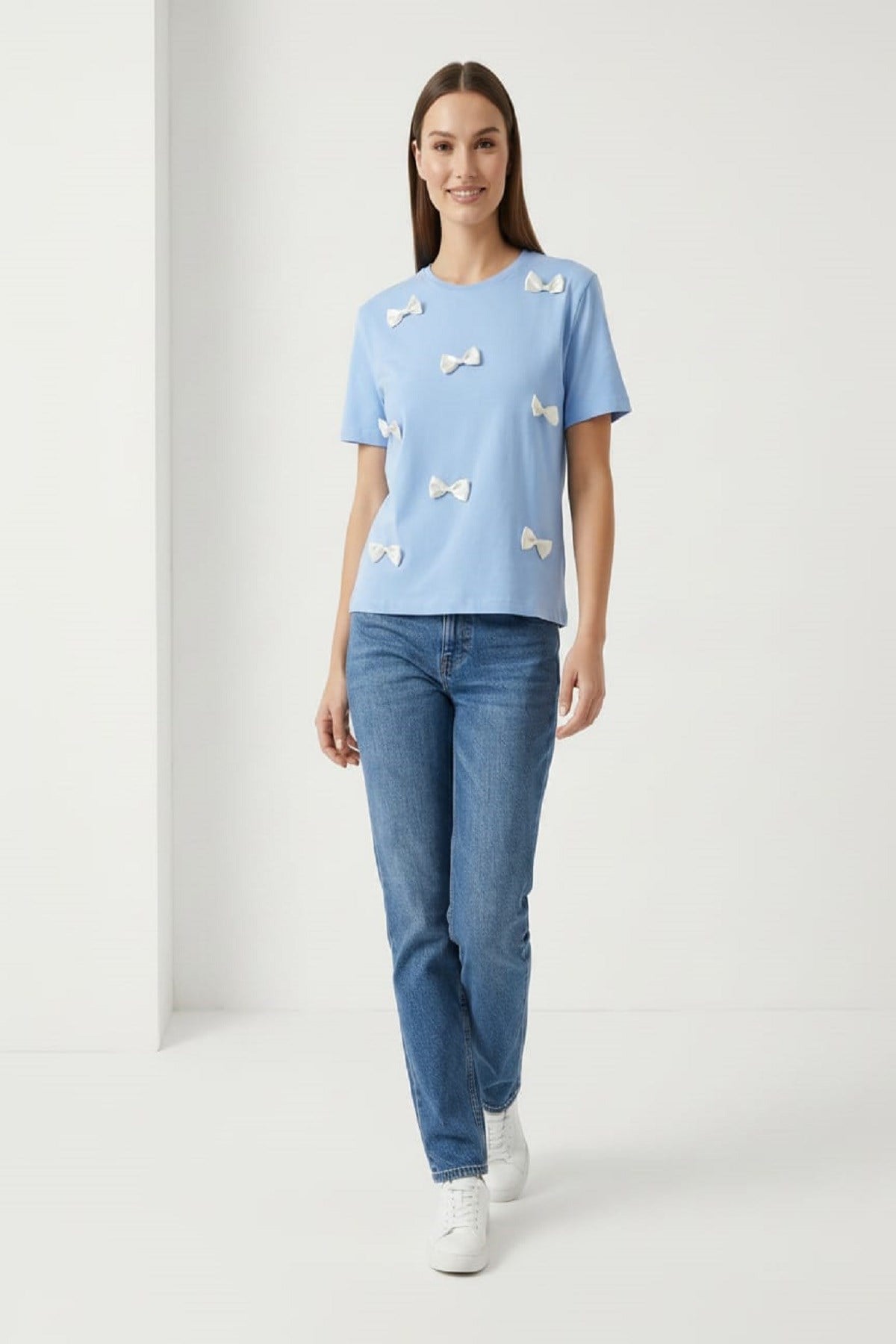 Kadın Fiyonk Detaylı Bisiklet Yaka Tshirt Mavi
