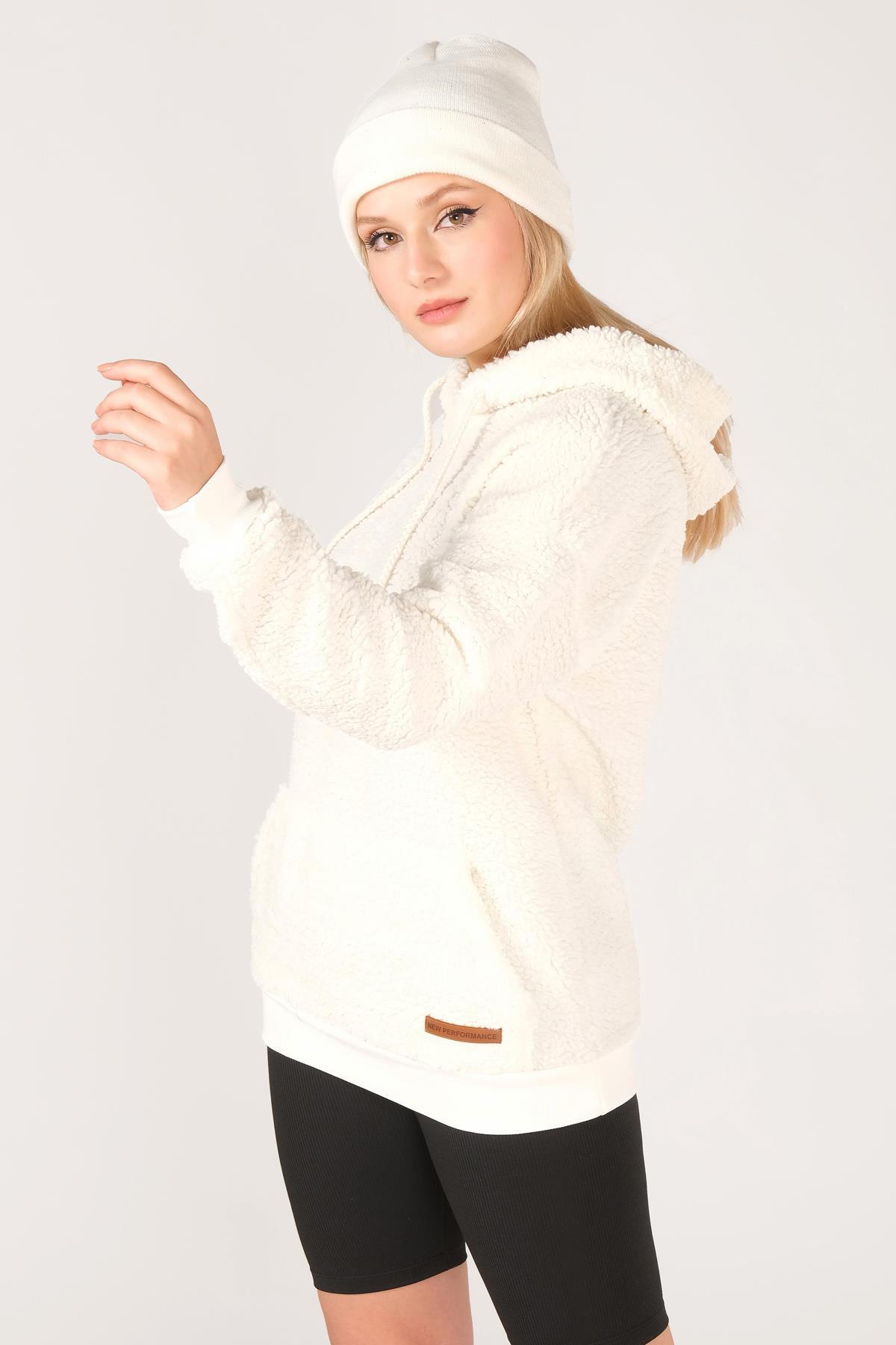 Kadın Kapüşonlu Kanguru Cep Polar Sweatshirt Ekru