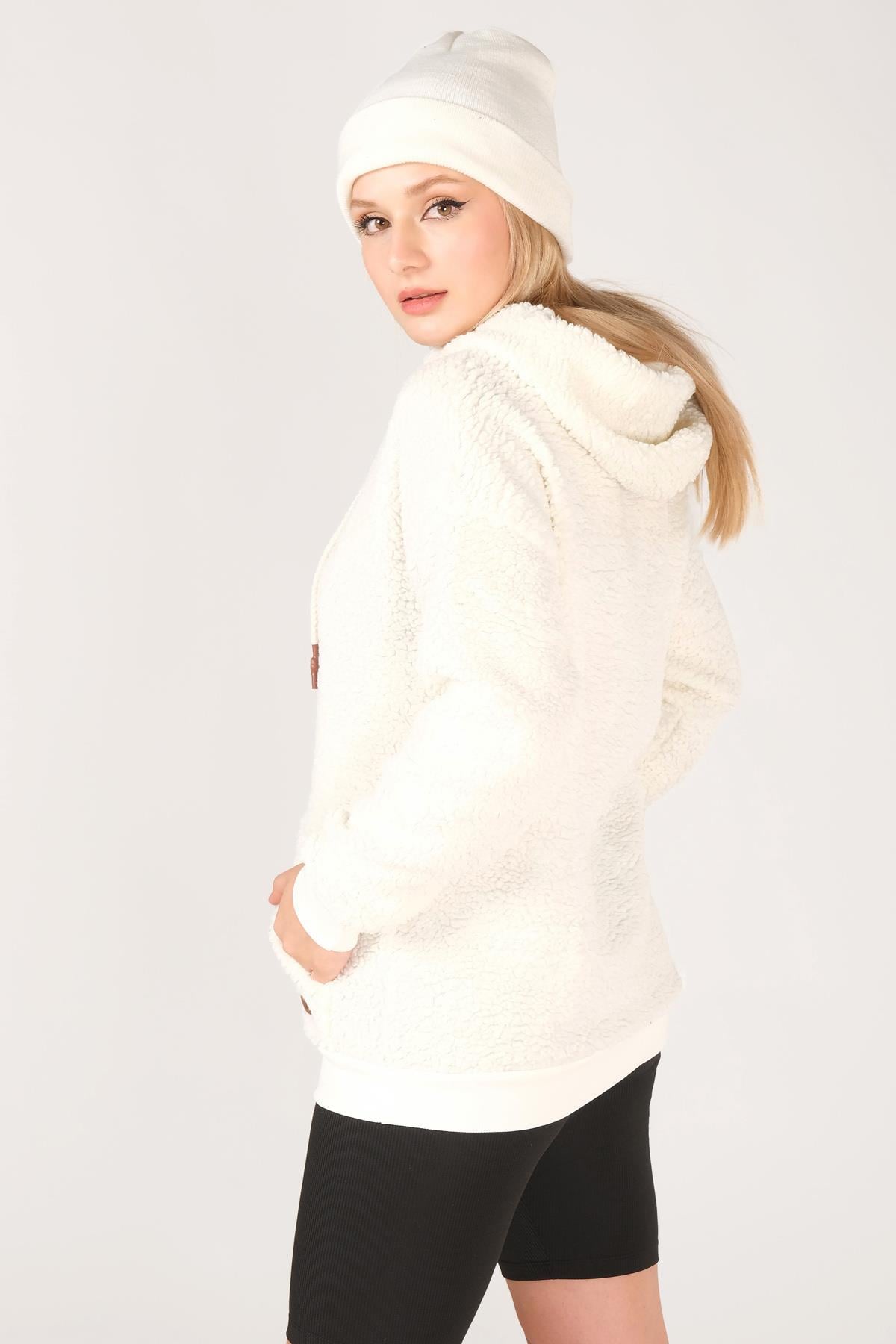 Kadın Kapüşonlu Kanguru Cep Polar Sweatshirt Ekru