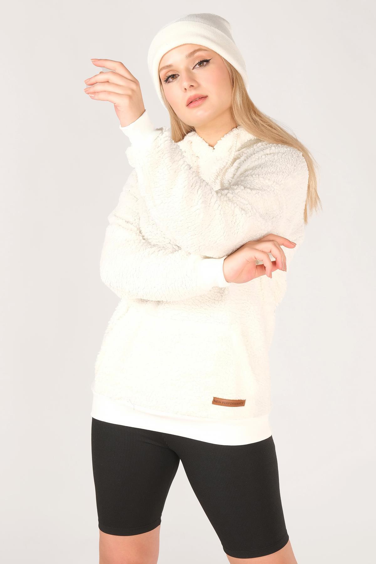 Kadın Kapüşonlu Kanguru Cep Polar Sweatshirt Ekru