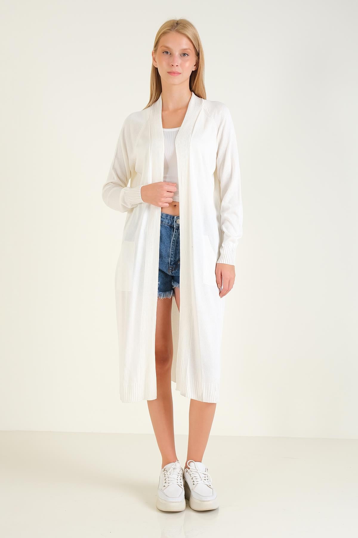 Kadın Oversize Cepli Uzun Hırka Ekru
